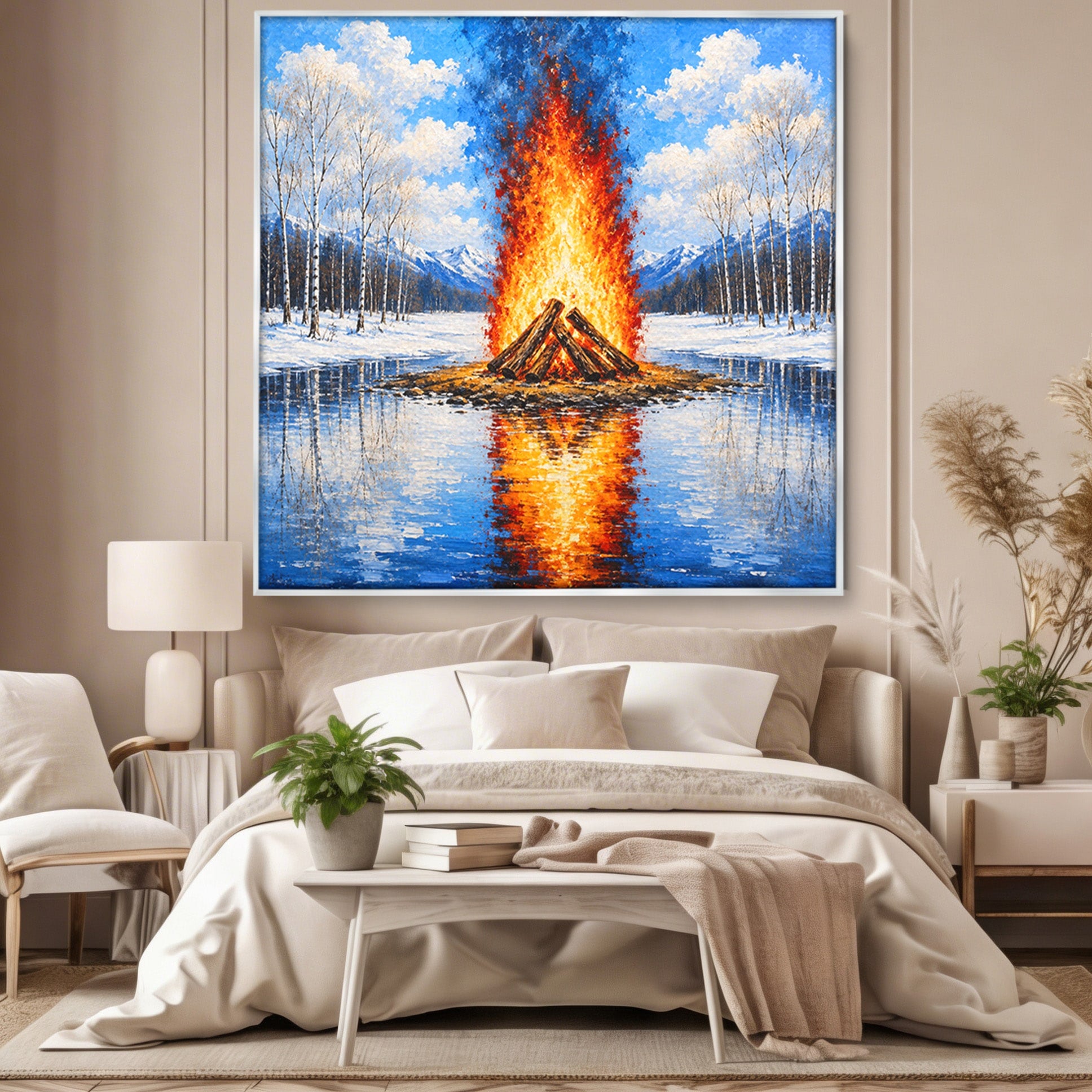 Tablou Canvas Premium LuxCanva® A1709, Focul Reflectat, Foc, Iarna, Peisaj, Reflectie, Living, Culori Vibrante