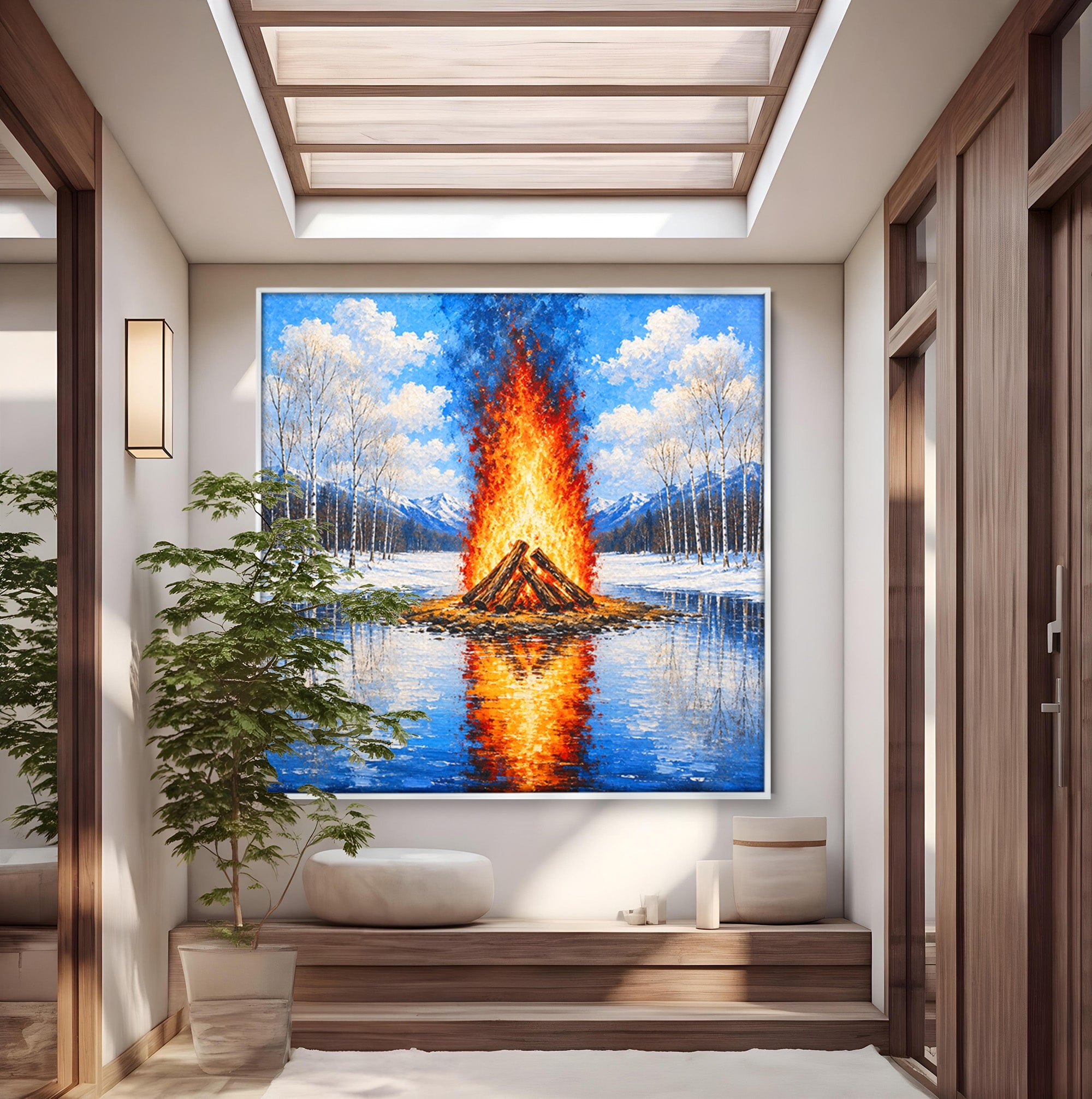 Tablou Canvas Premium LuxCanva® A1709, Focul Reflectat, Foc, Iarna, Peisaj, Reflectie, Living, Culori Vibrante
