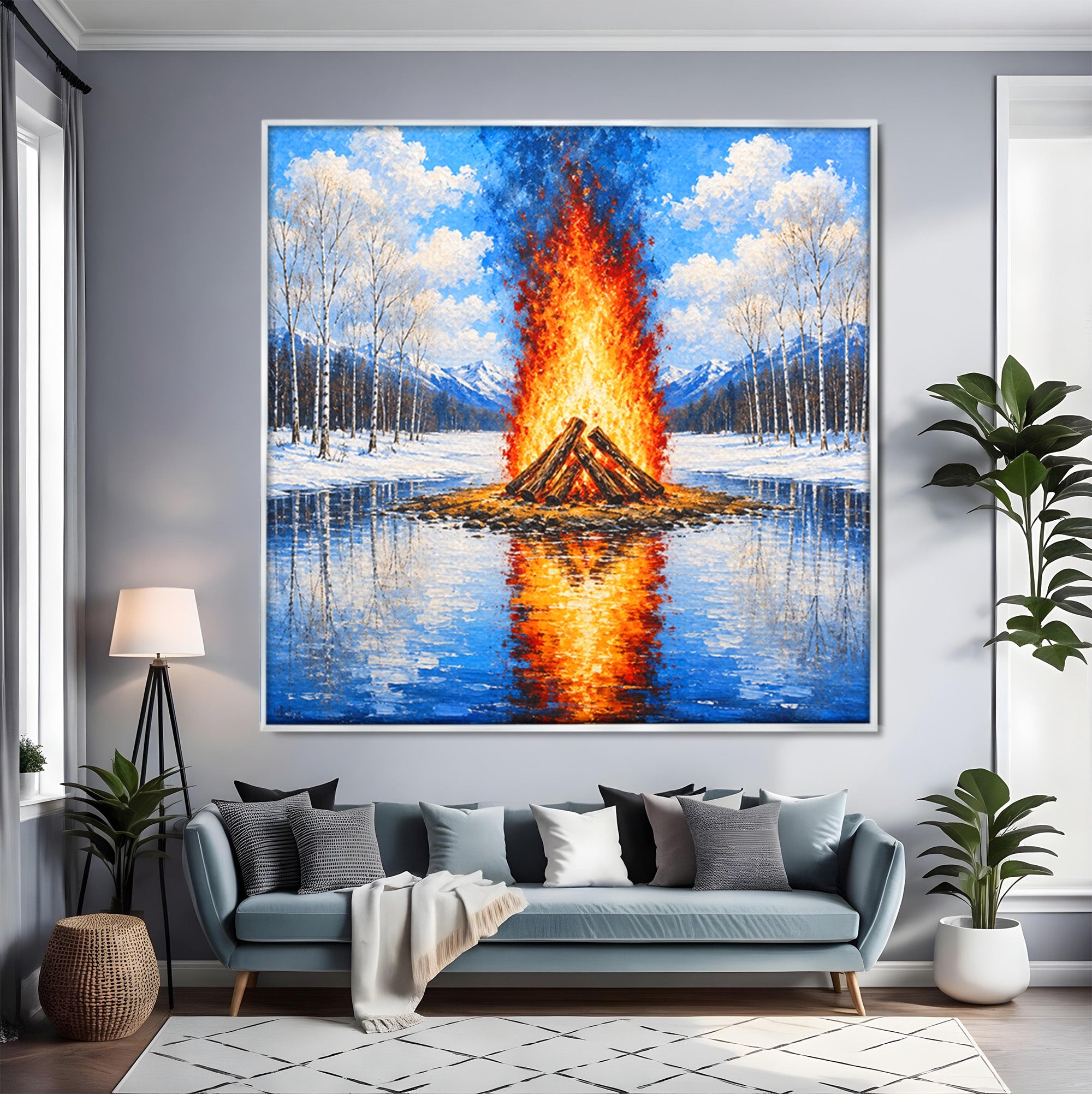 Tablou Canvas Premium LuxCanva® A1709, Focul Reflectat, Foc, Iarna, Peisaj, Reflectie, Living, Culori Vibrante