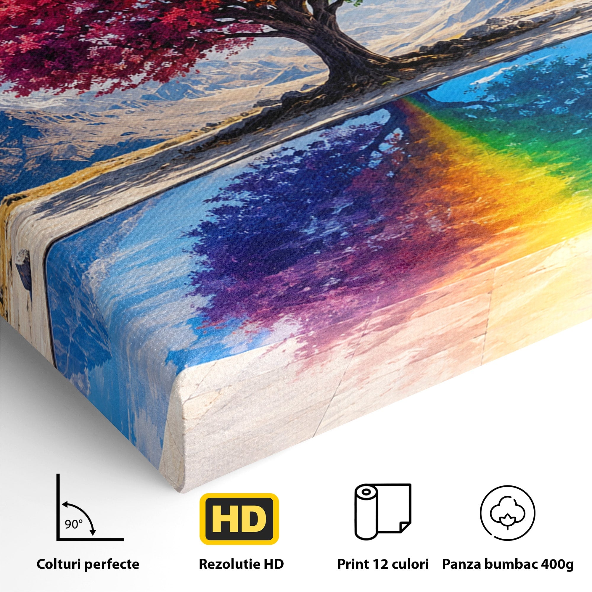 Tablou Canvas Premium LuxCanva® A1712, Copacul Curcubeu, Copac, Curcubeu, Munti, Reflexie, Living, Culori Vibrante