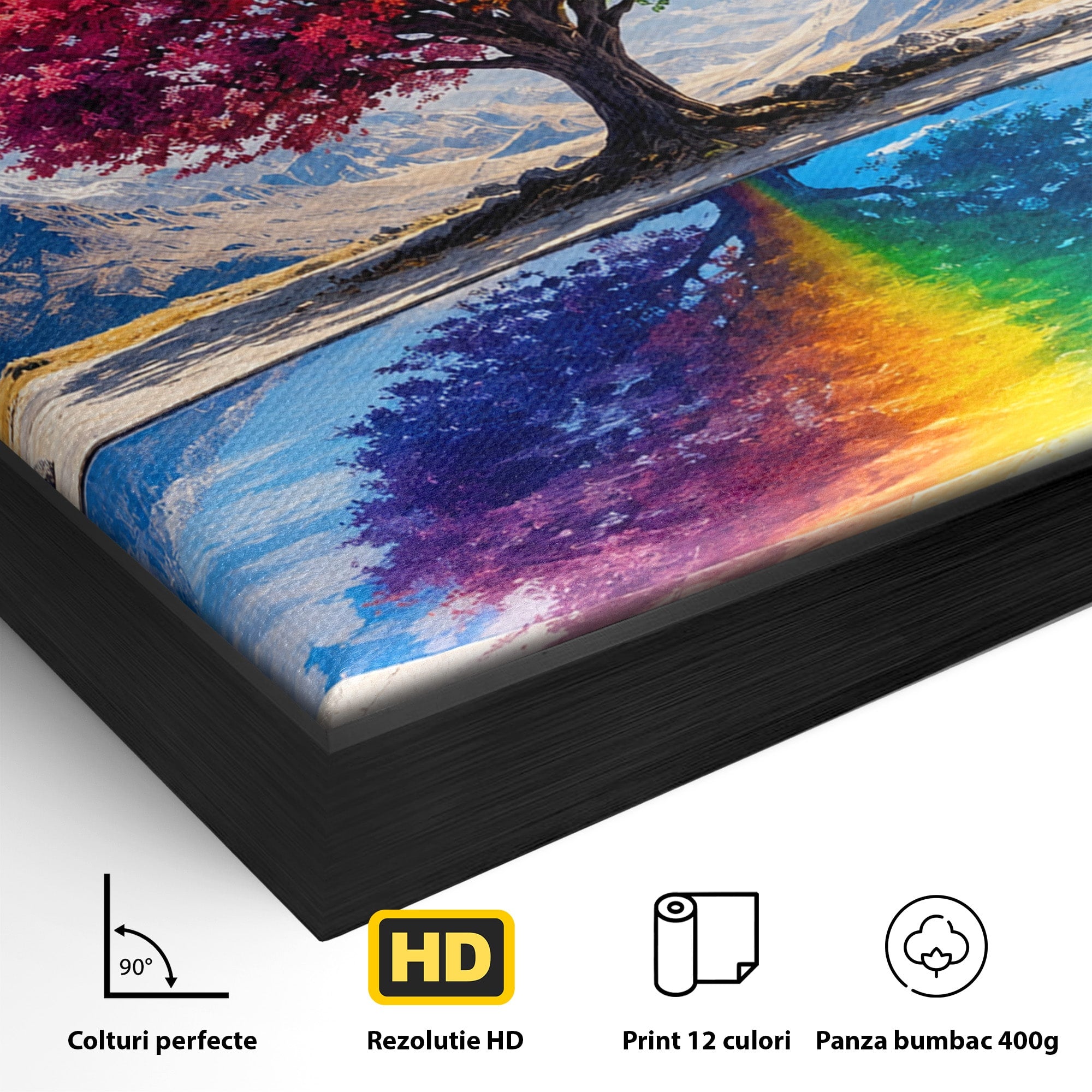 Tablou Canvas Premium LuxCanva® A1712, Copacul Curcubeu, Copac, Curcubeu, Munti, Reflexie, Living, Culori Vibrante