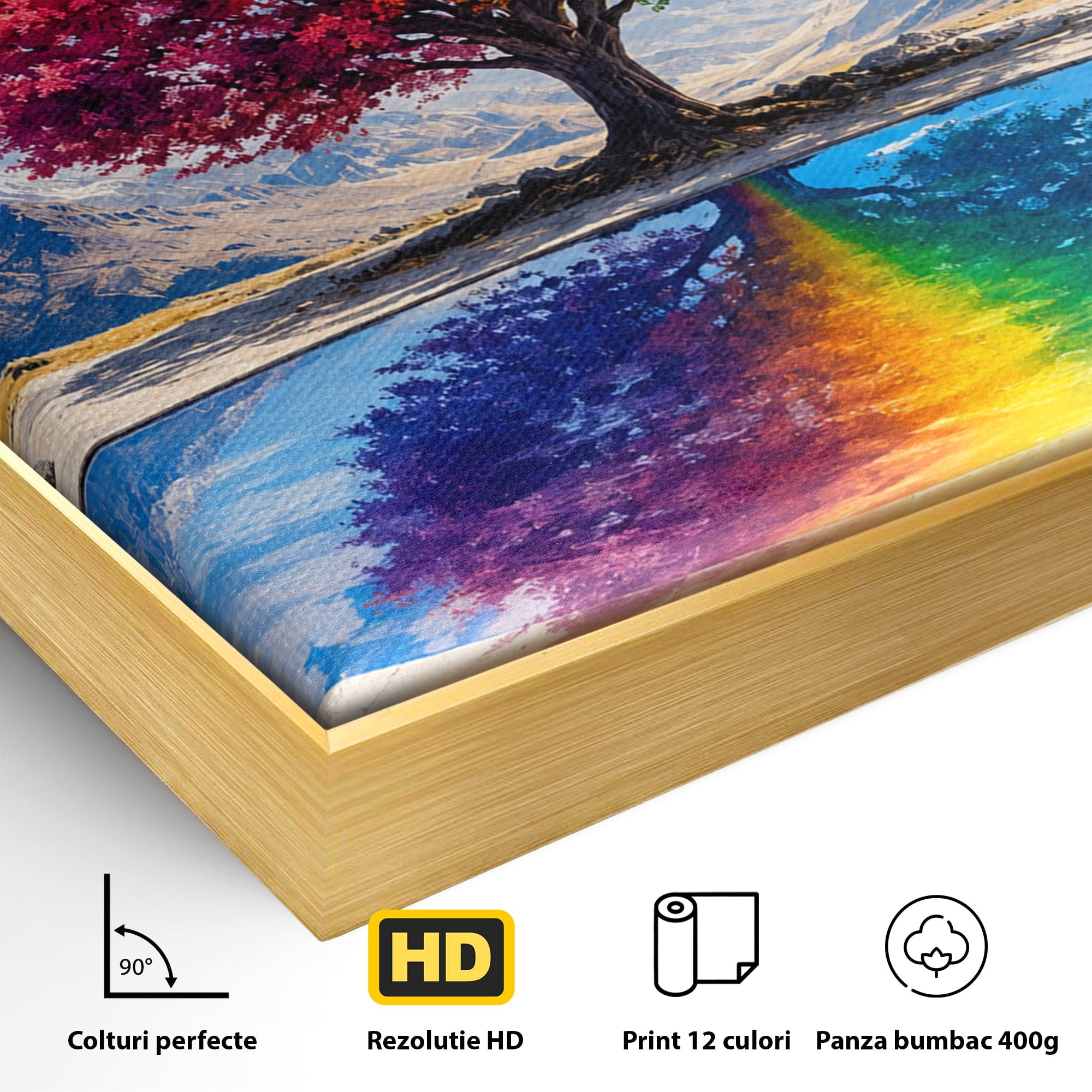Tablou Canvas Premium LuxCanva® A1712, Copacul Curcubeu, Copac, Curcubeu, Munti, Reflexie, Living, Culori Vibrante