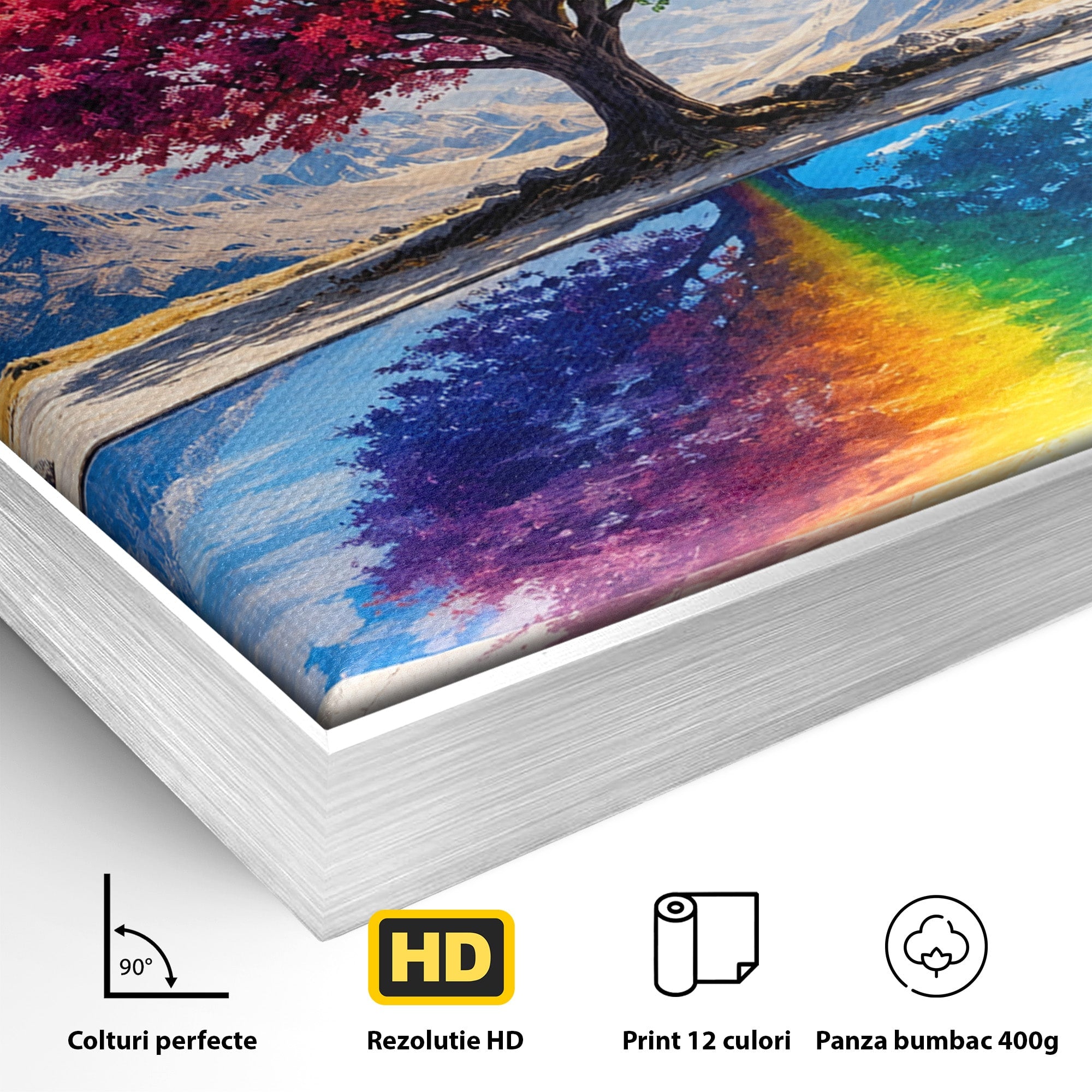 Tablou Canvas Premium LuxCanva® A1712, Copacul Curcubeu, Copac, Curcubeu, Munti, Reflexie, Living, Culori Vibrante