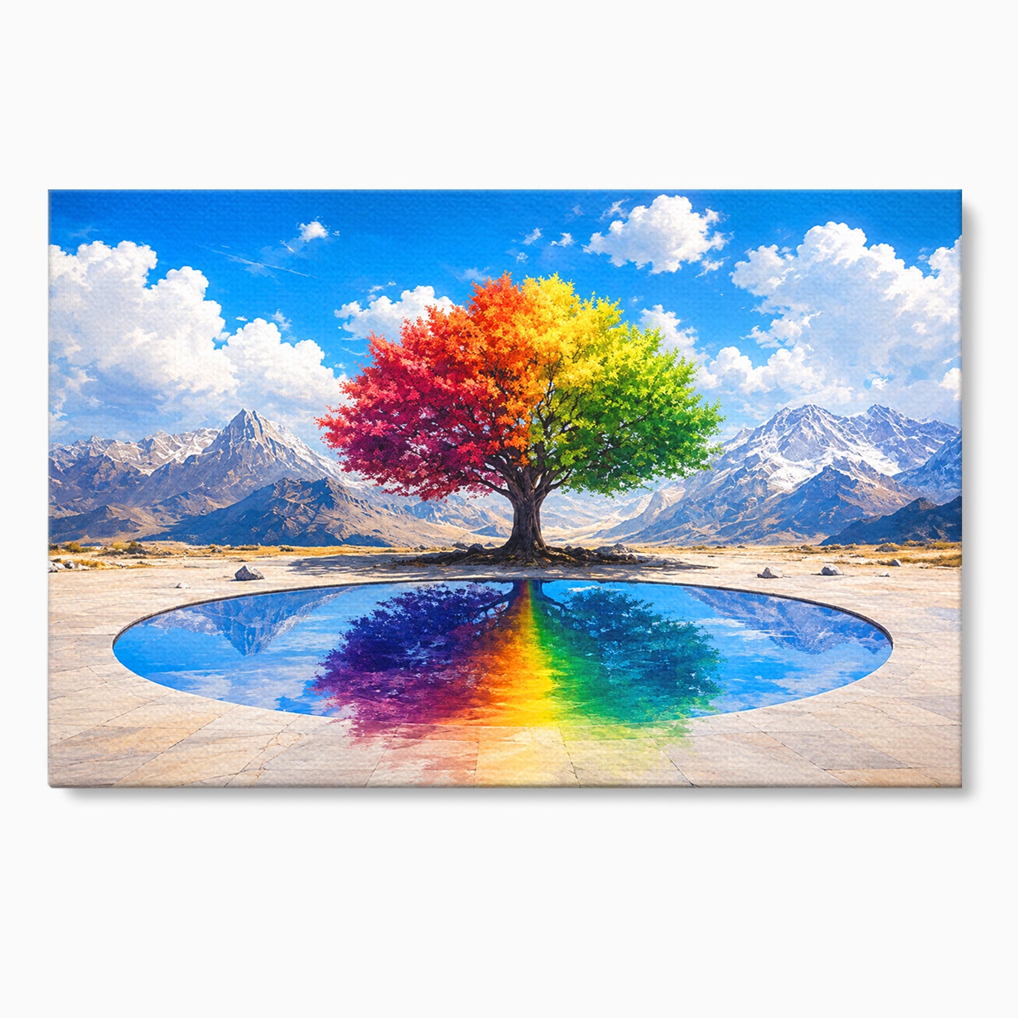 Tablou Canvas Premium LuxCanva® A1712, Copacul Curcubeu, Copac, Curcubeu, Munti, Reflexie, Living, Culori Vibrante