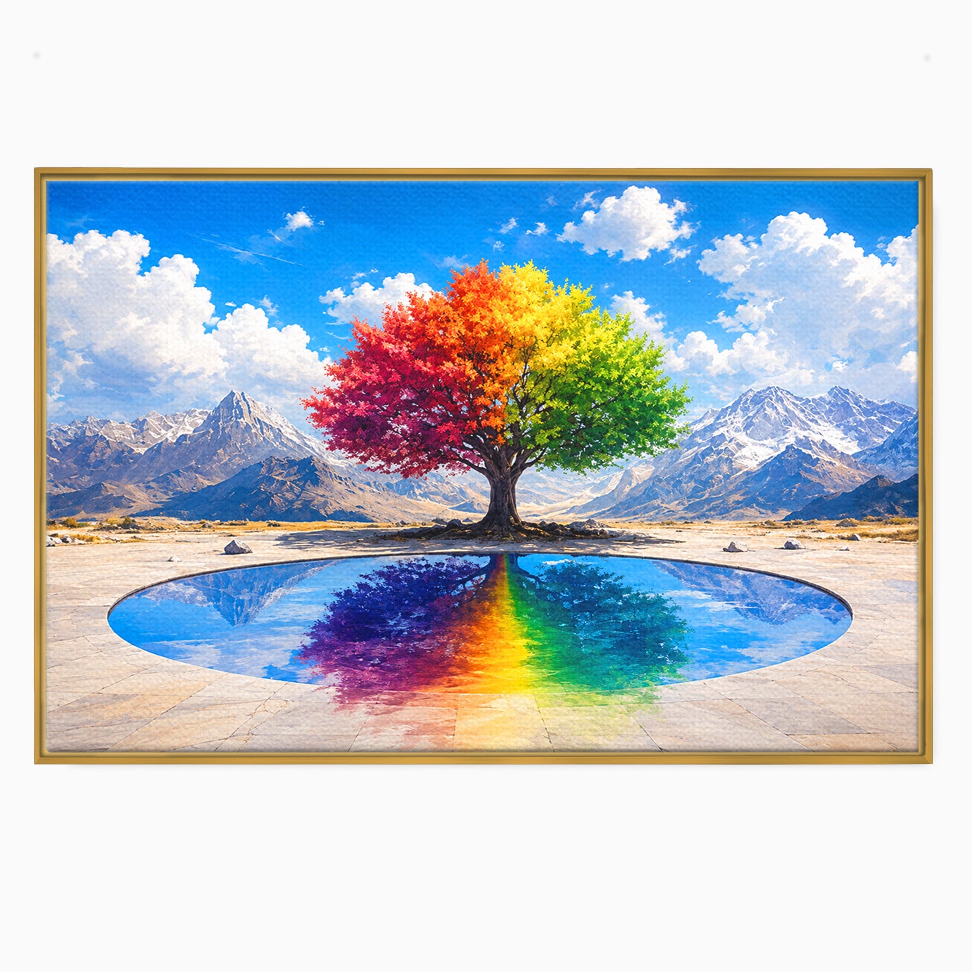 Tablou Canvas Premium LuxCanva® A1712, Copacul Curcubeu, Copac, Curcubeu, Munti, Reflexie, Living, Culori Vibrante