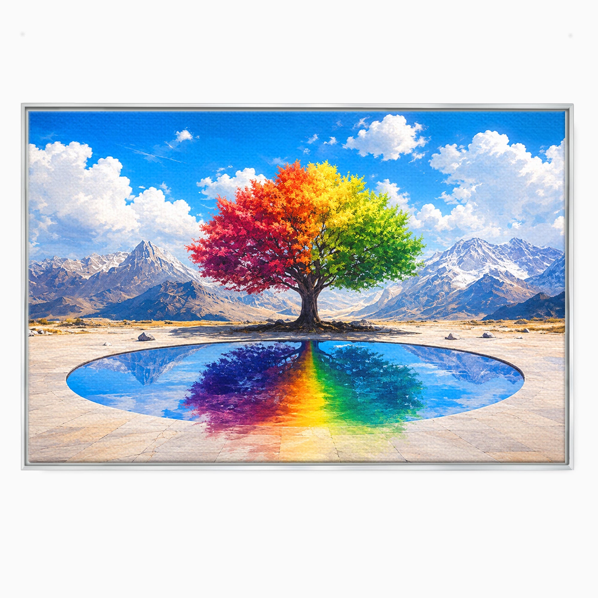 Tablou Canvas Premium LuxCanva® A1712, Copacul Curcubeu, Copac, Curcubeu, Munti, Reflexie, Living, Culori Vibrante
