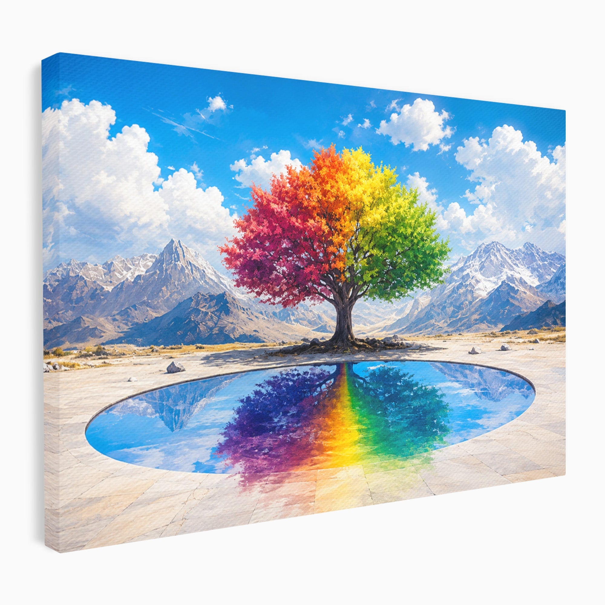 Tablou Canvas Premium LuxCanva® A1712, Copacul Curcubeu, Copac, Curcubeu, Munti, Reflexie, Living, Culori Vibrante