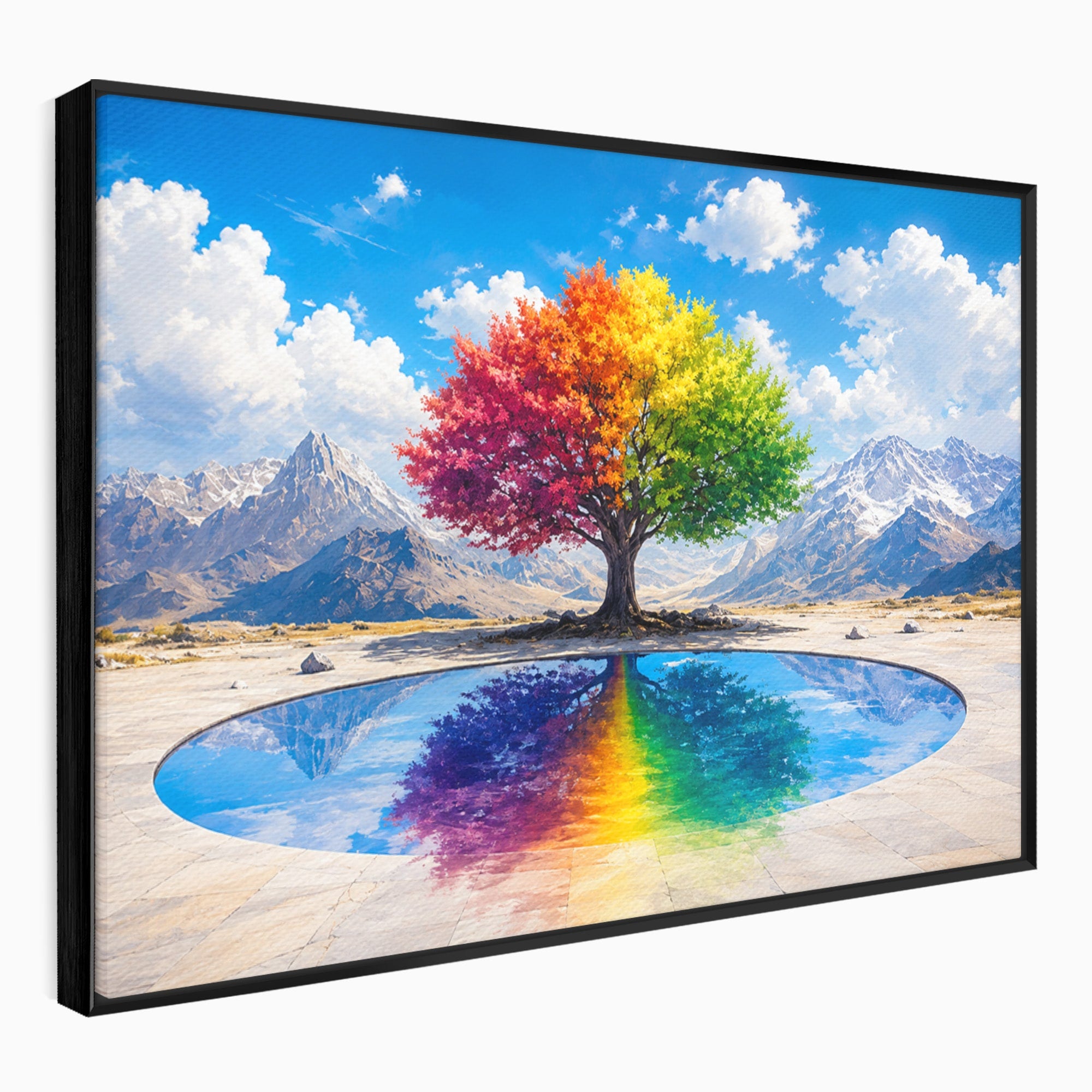 Tablou Canvas Premium LuxCanva® A1712, Copacul Curcubeu, Copac, Curcubeu, Munti, Reflexie, Living, Culori Vibrante
