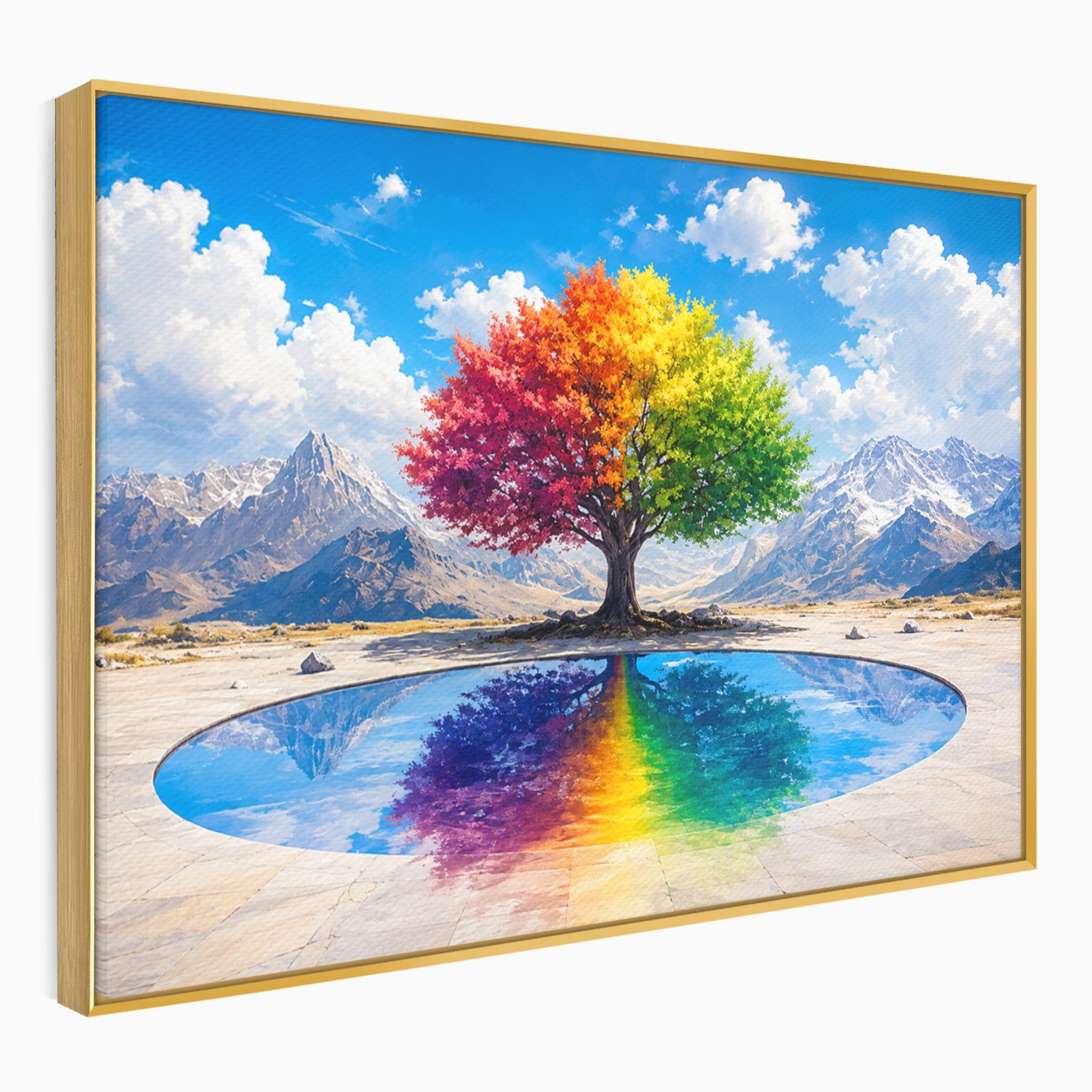 Tablou Canvas Premium LuxCanva® A1712, Copacul Curcubeu, Copac, Curcubeu, Munti, Reflexie, Living, Culori Vibrante