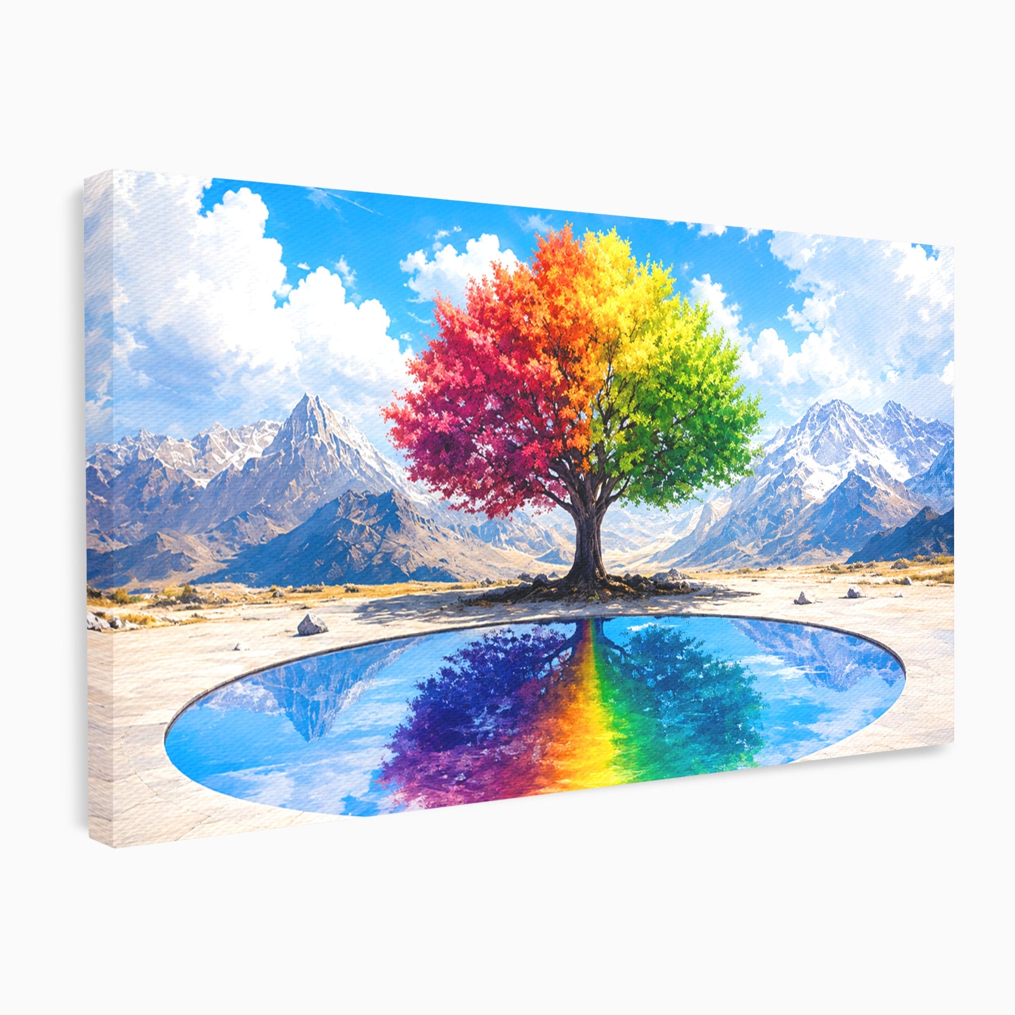 Tablou Canvas Premium LuxCanva® A1712, Copacul Curcubeu, Copac, Curcubeu, Munti, Reflexie, Living, Culori Vibrante
