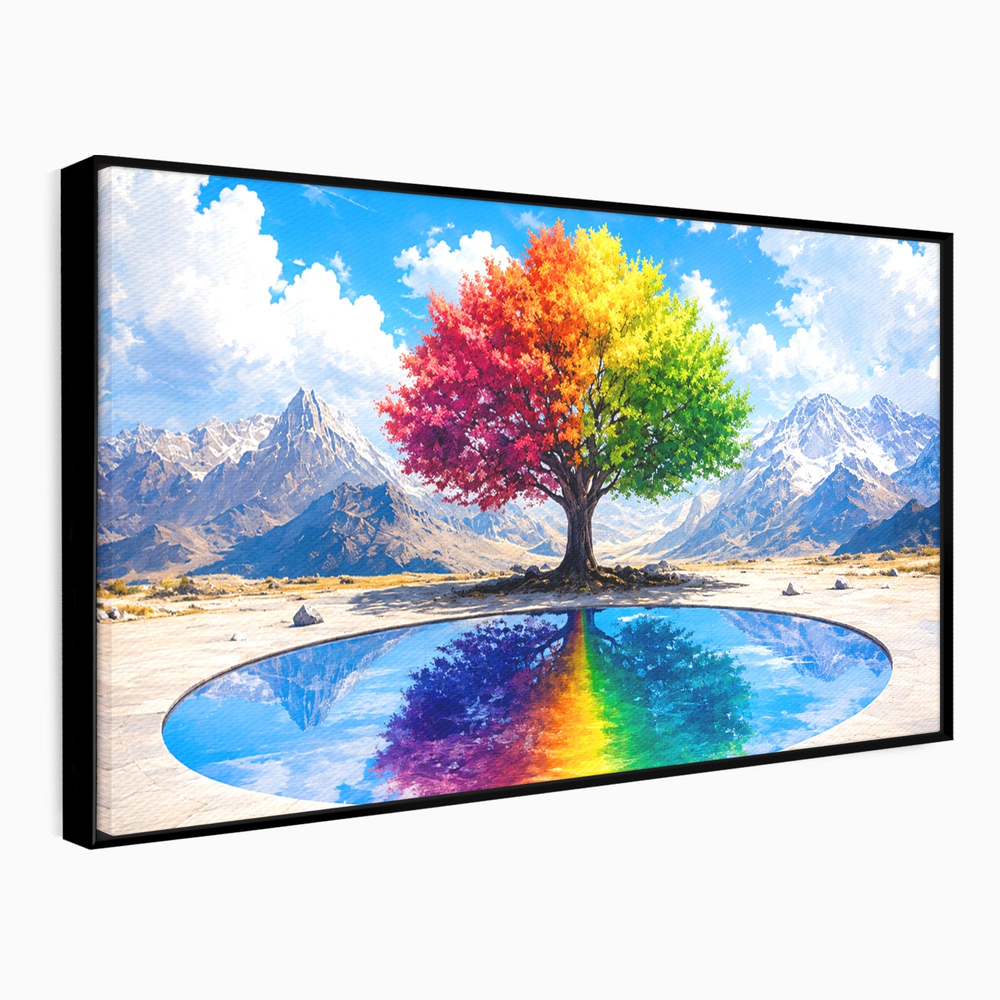Tablou Canvas Premium LuxCanva® A1712, Copacul Curcubeu, Copac, Curcubeu, Munti, Reflexie, Living, Culori Vibrante
