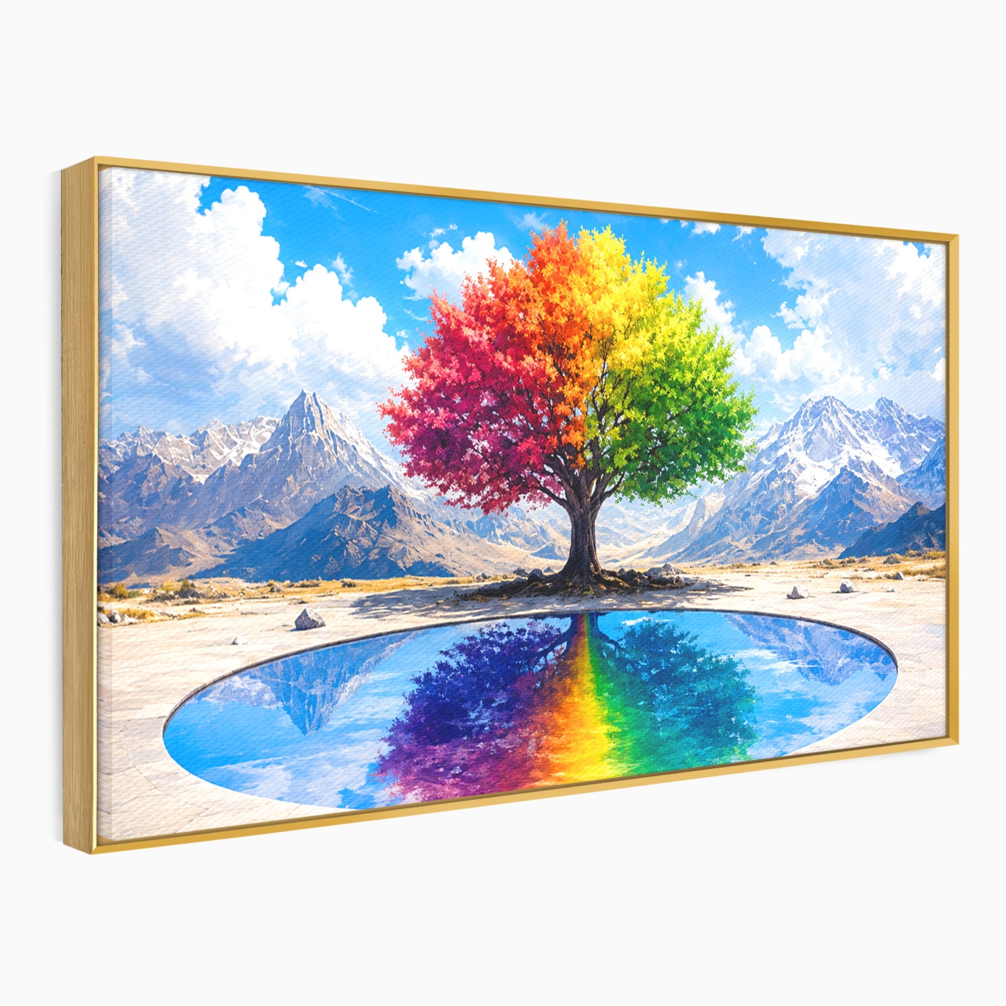 Tablou Canvas Premium LuxCanva® A1712, Copacul Curcubeu, Copac, Curcubeu, Munti, Reflexie, Living, Culori Vibrante