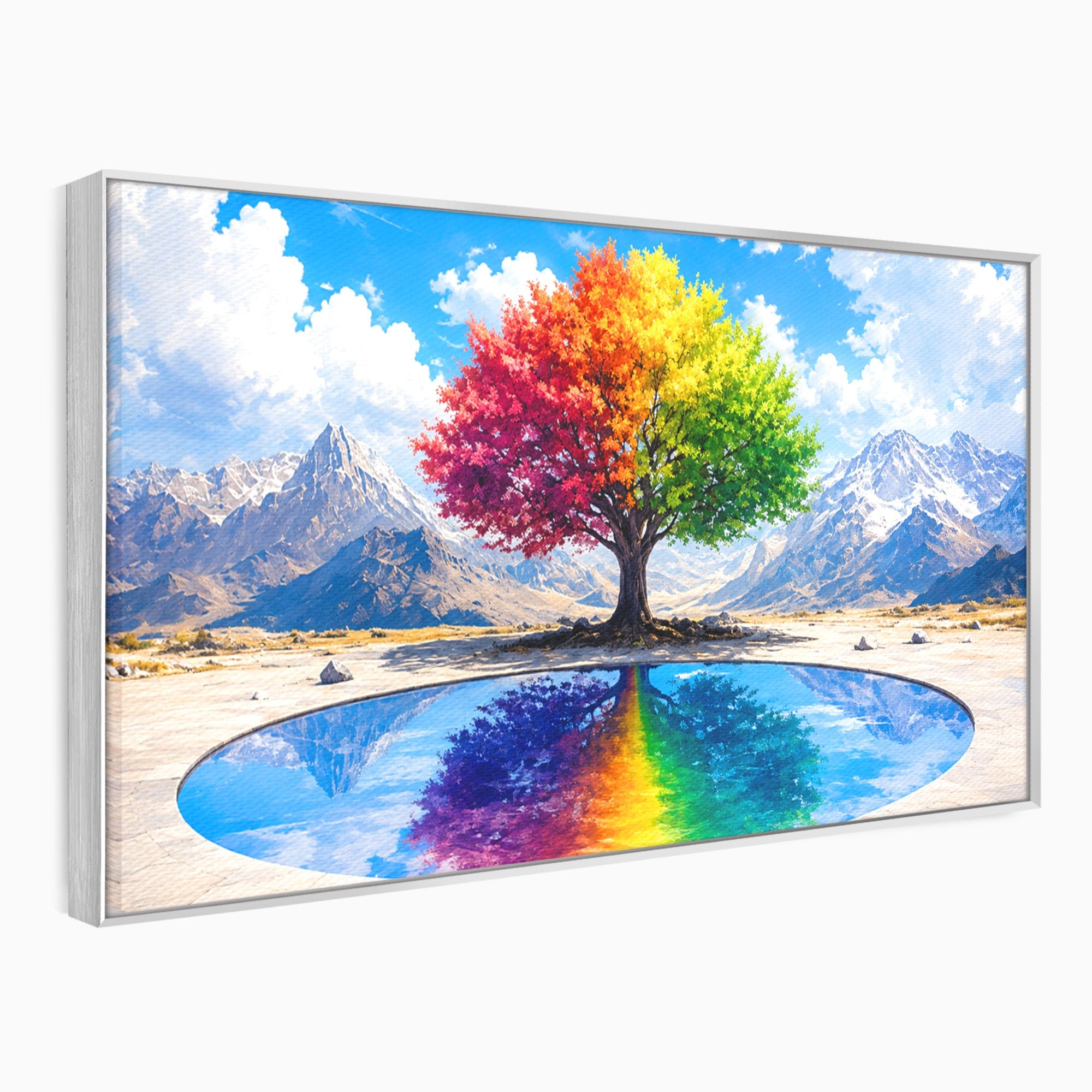 Tablou Canvas Premium LuxCanva® A1712, Copacul Curcubeu, Copac, Curcubeu, Munti, Reflexie, Living, Culori Vibrante