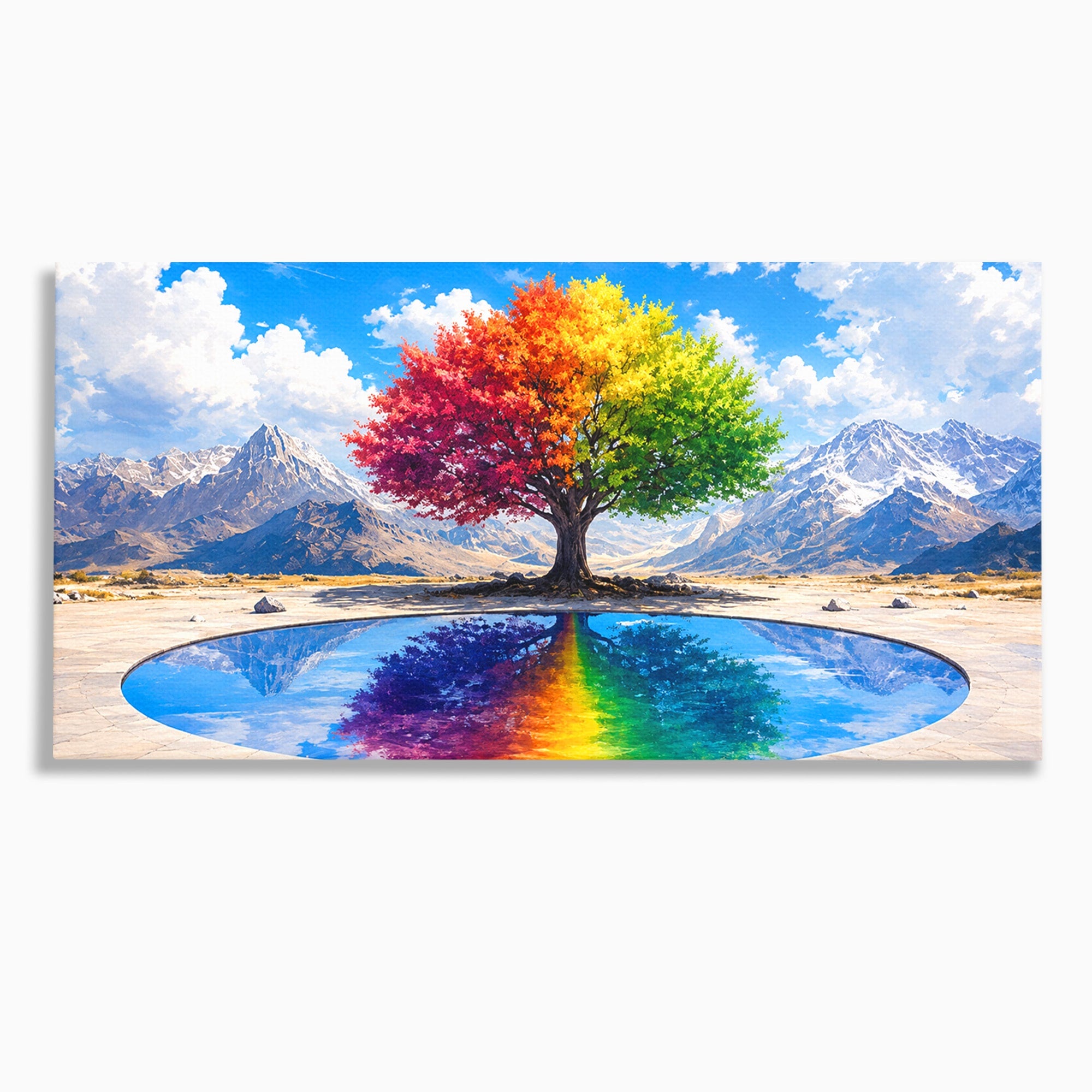 Tablou Canvas Premium LuxCanva® A1712, Copacul Curcubeu, Copac, Curcubeu, Munti, Reflexie, Living, Culori Vibrante