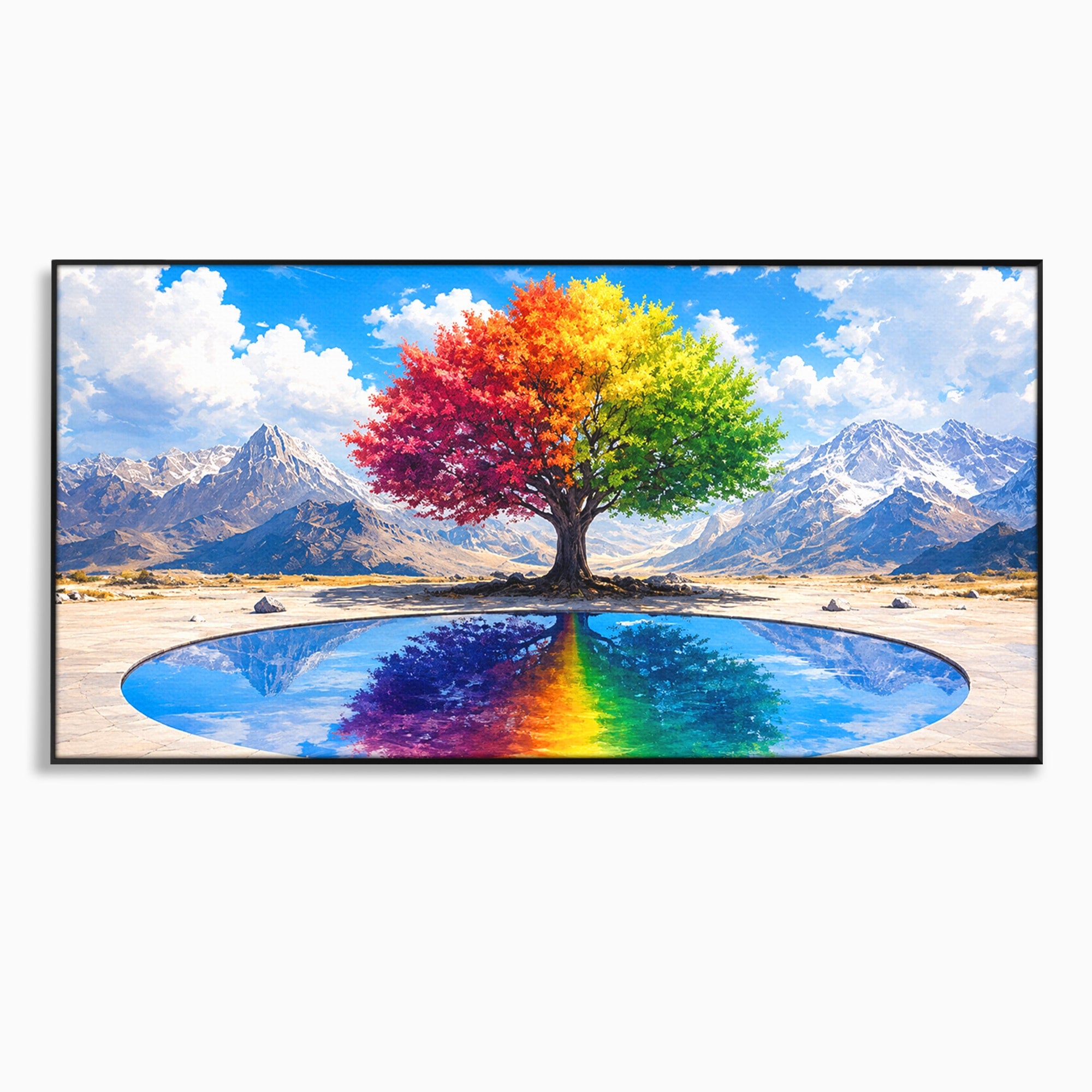 Tablou Canvas Premium LuxCanva® A1712, Copacul Curcubeu, Copac, Curcubeu, Munti, Reflexie, Living, Culori Vibrante