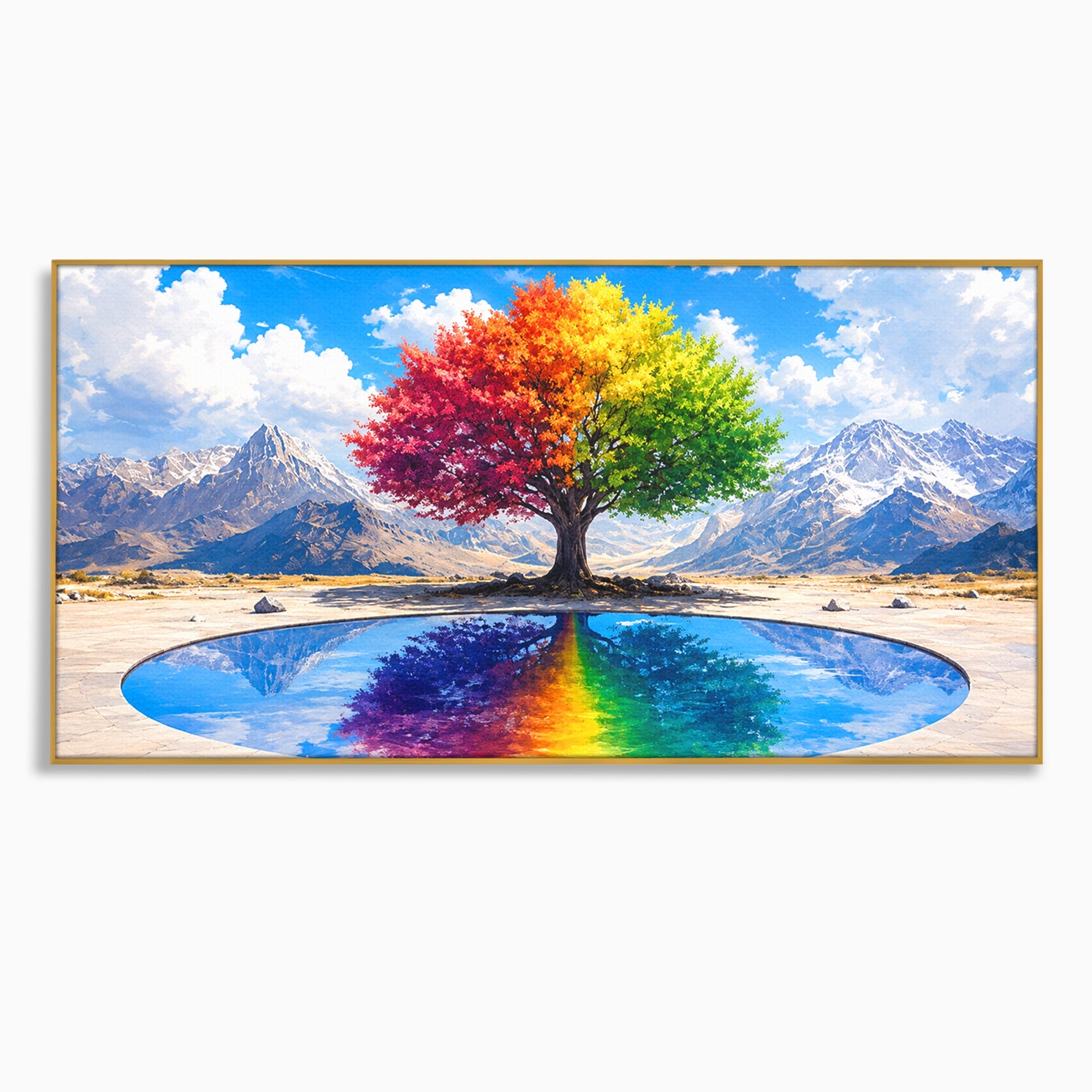 Tablou Canvas Premium LuxCanva® A1712, Copacul Curcubeu, Copac, Curcubeu, Munti, Reflexie, Living, Culori Vibrante