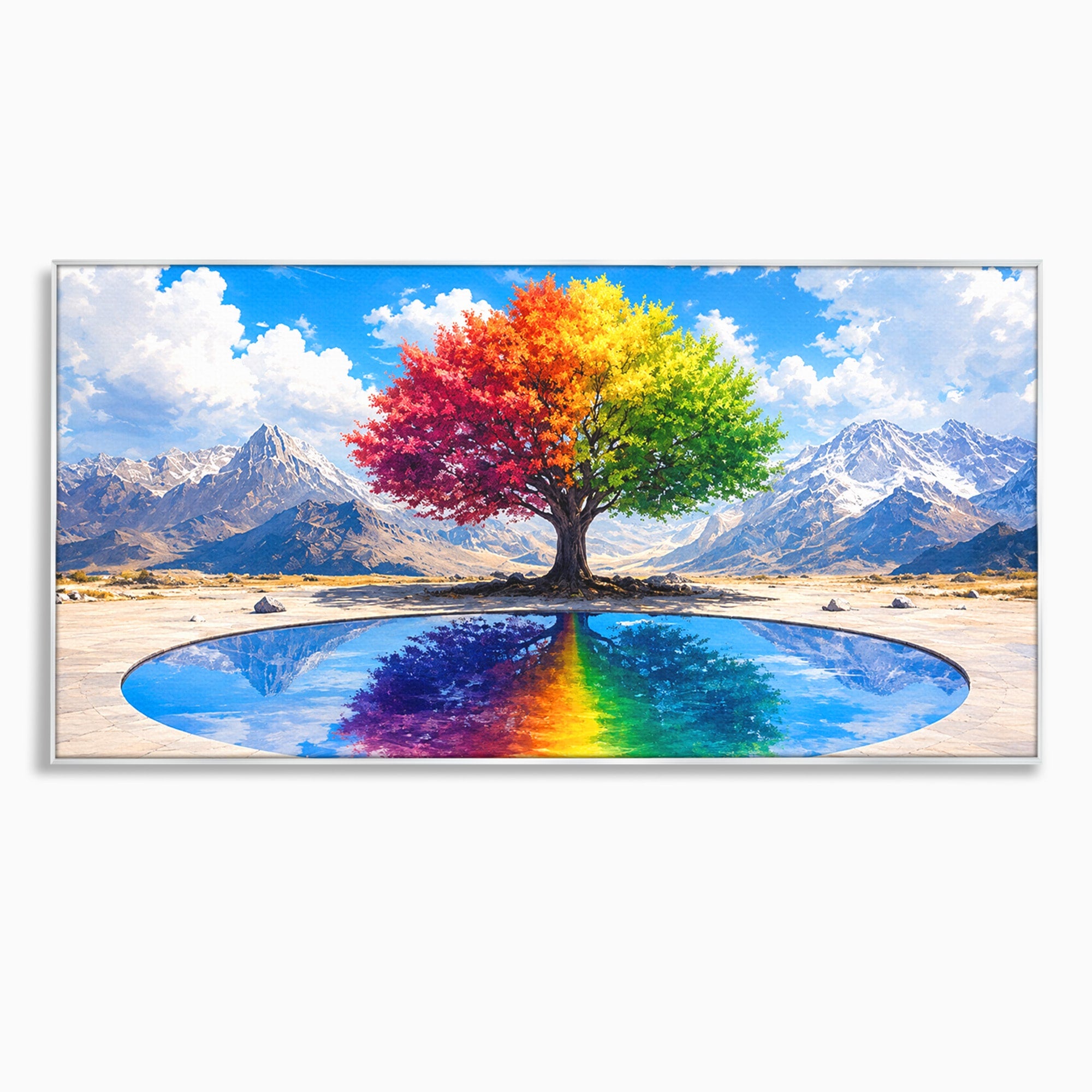 Tablou Canvas Premium LuxCanva® A1712, Copacul Curcubeu, Copac, Curcubeu, Munti, Reflexie, Living, Culori Vibrante