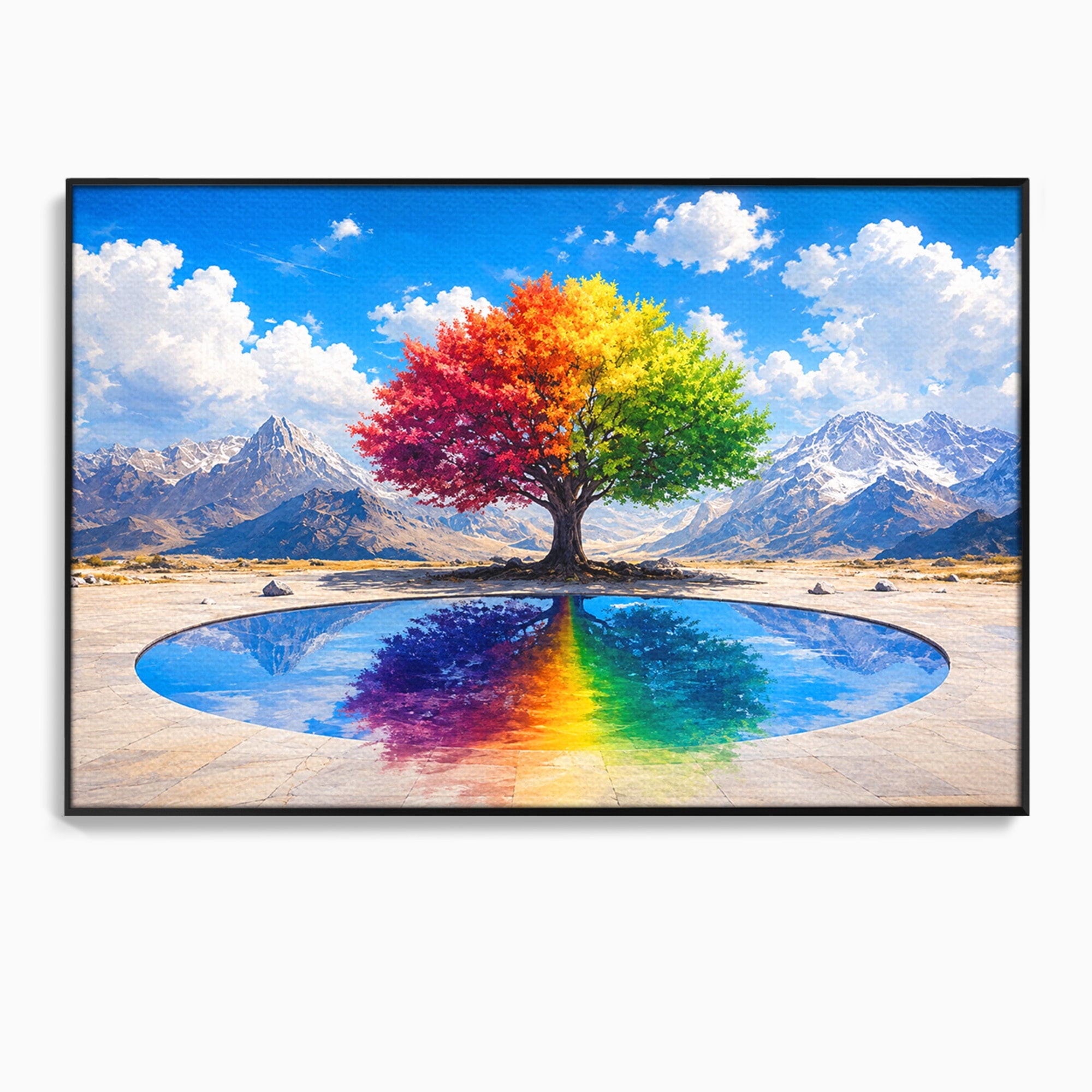Tablou Canvas Premium LuxCanva® A1712, Copacul Curcubeu, Copac, Curcubeu, Munti, Reflexie, Living, Culori Vibrante