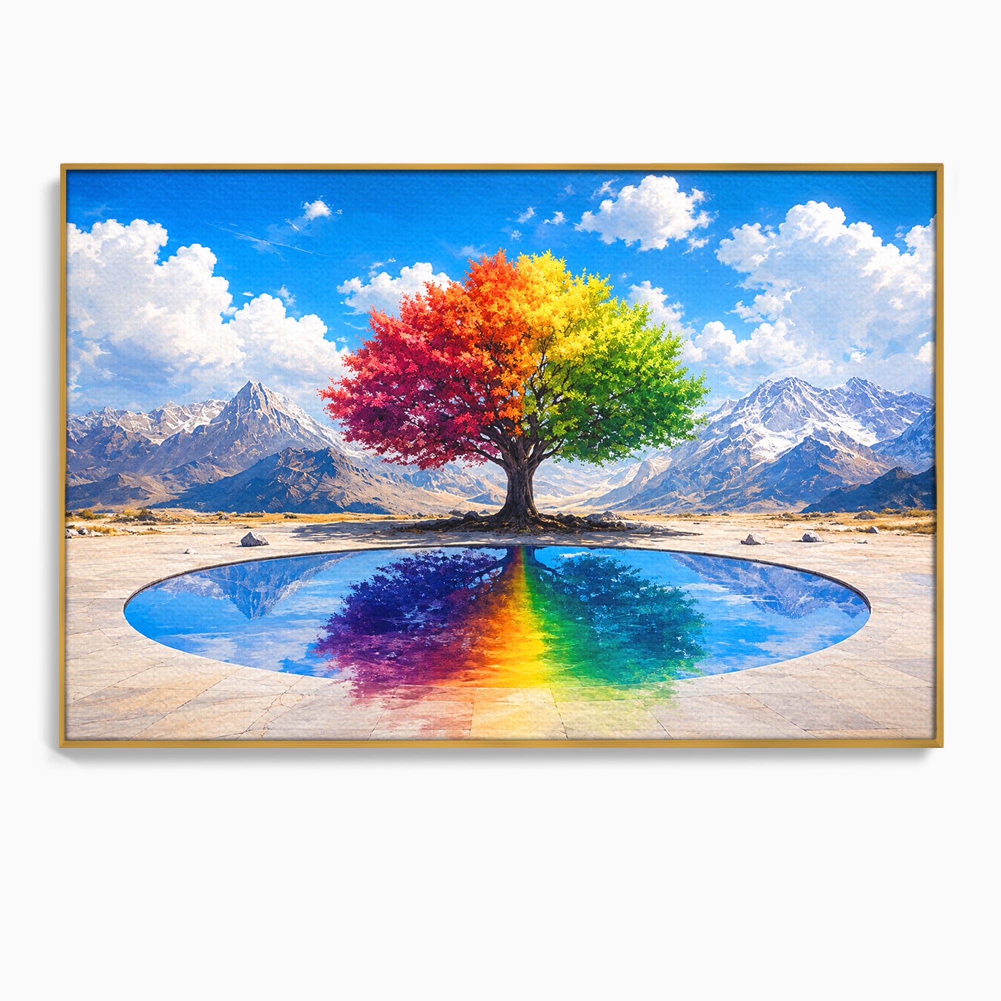 Tablou Canvas Premium LuxCanva® A1712, Copacul Curcubeu, Copac, Curcubeu, Munti, Reflexie, Living, Culori Vibrante