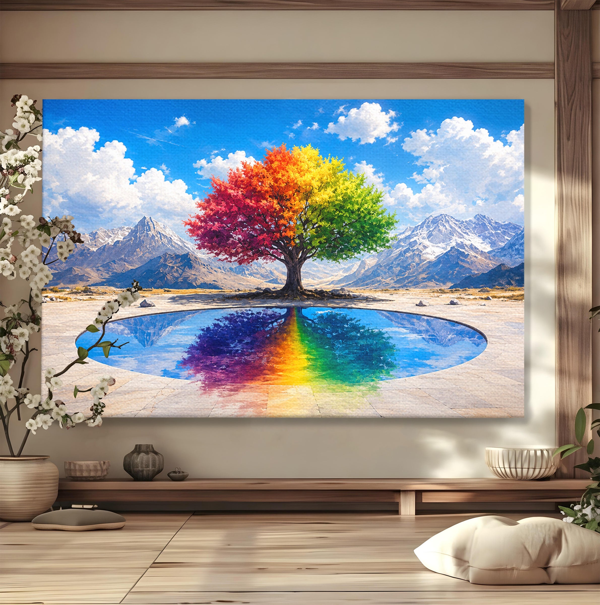 Tablou Canvas Premium LuxCanva® A1712, Copacul Curcubeu, Copac, Curcubeu, Munti, Reflexie, Living, Culori Vibrante