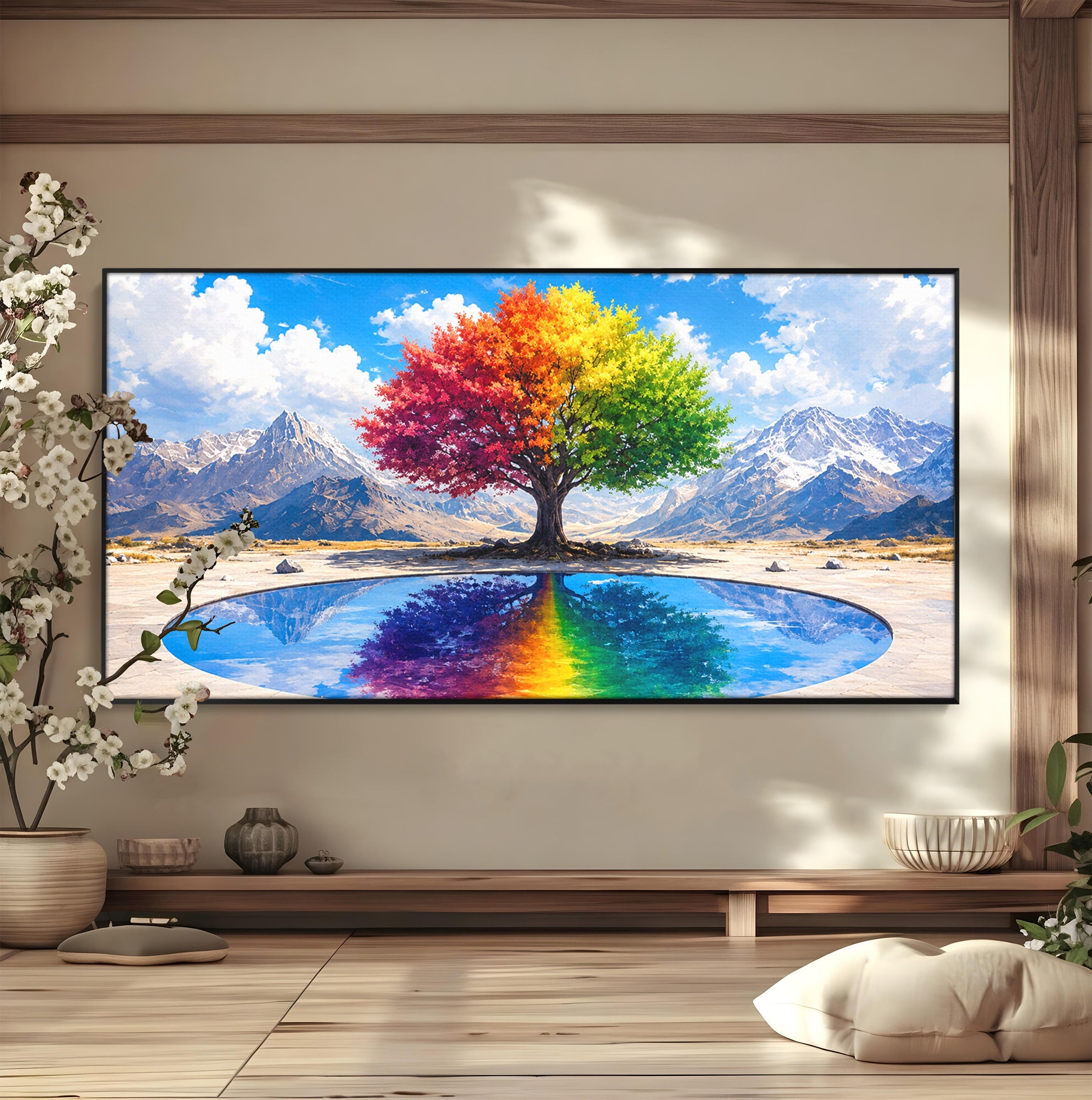 Tablou Canvas Premium LuxCanva® A1712, Copacul Curcubeu, Copac, Curcubeu, Munti, Reflexie, Living, Culori Vibrante