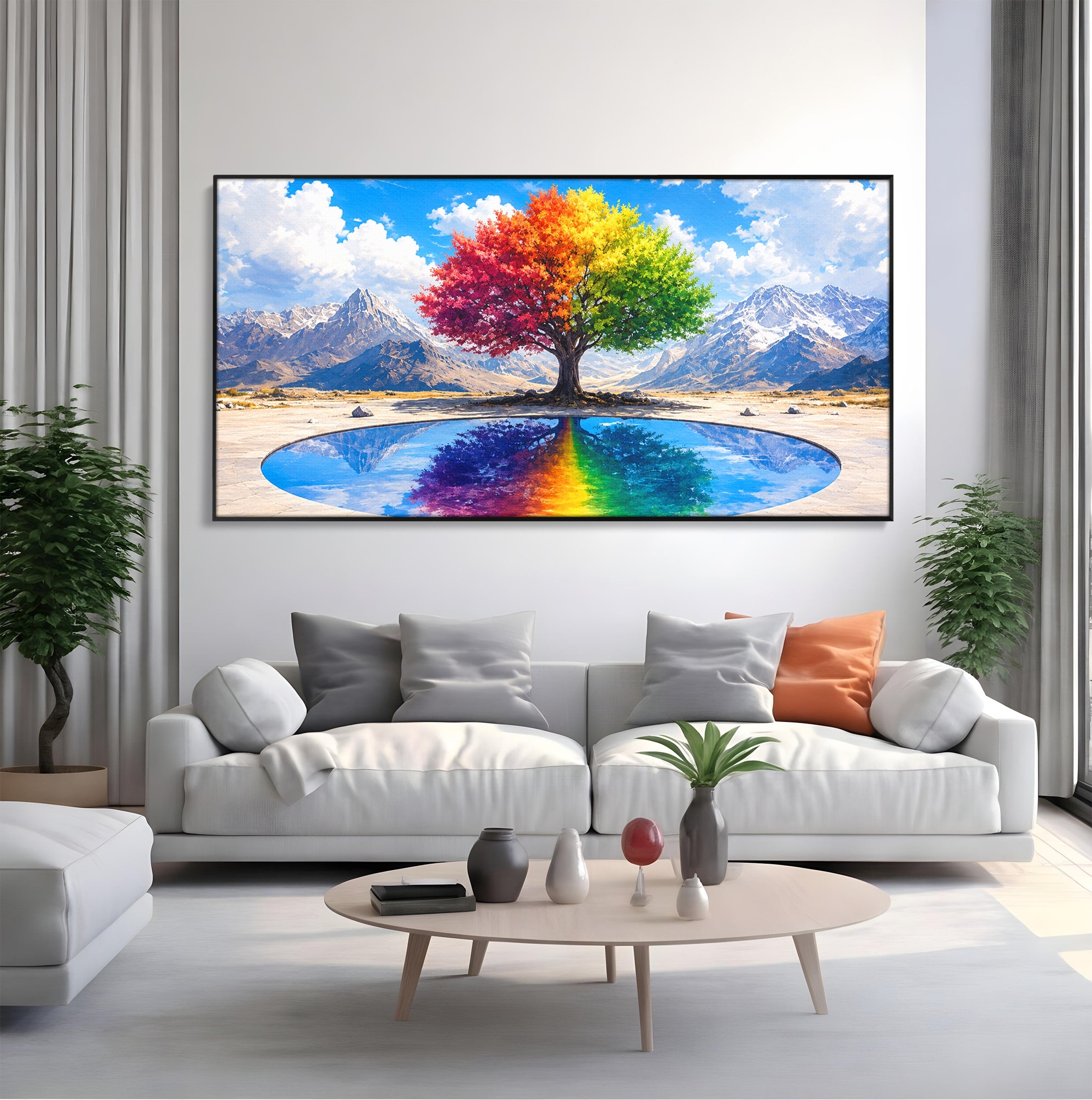 Tablou Canvas Premium LuxCanva® A1712, Copacul Curcubeu, Copac, Curcubeu, Munti, Reflexie, Living, Culori Vibrante