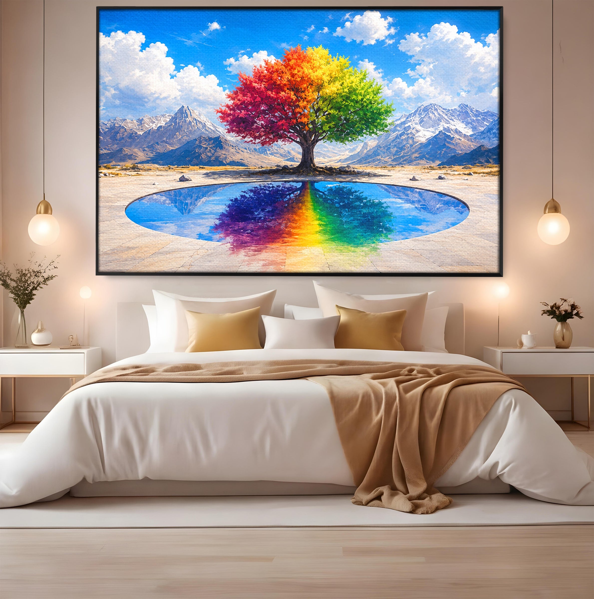 Tablou Canvas Premium LuxCanva® A1712, Copacul Curcubeu, Copac, Curcubeu, Munti, Reflexie, Living, Culori Vibrante