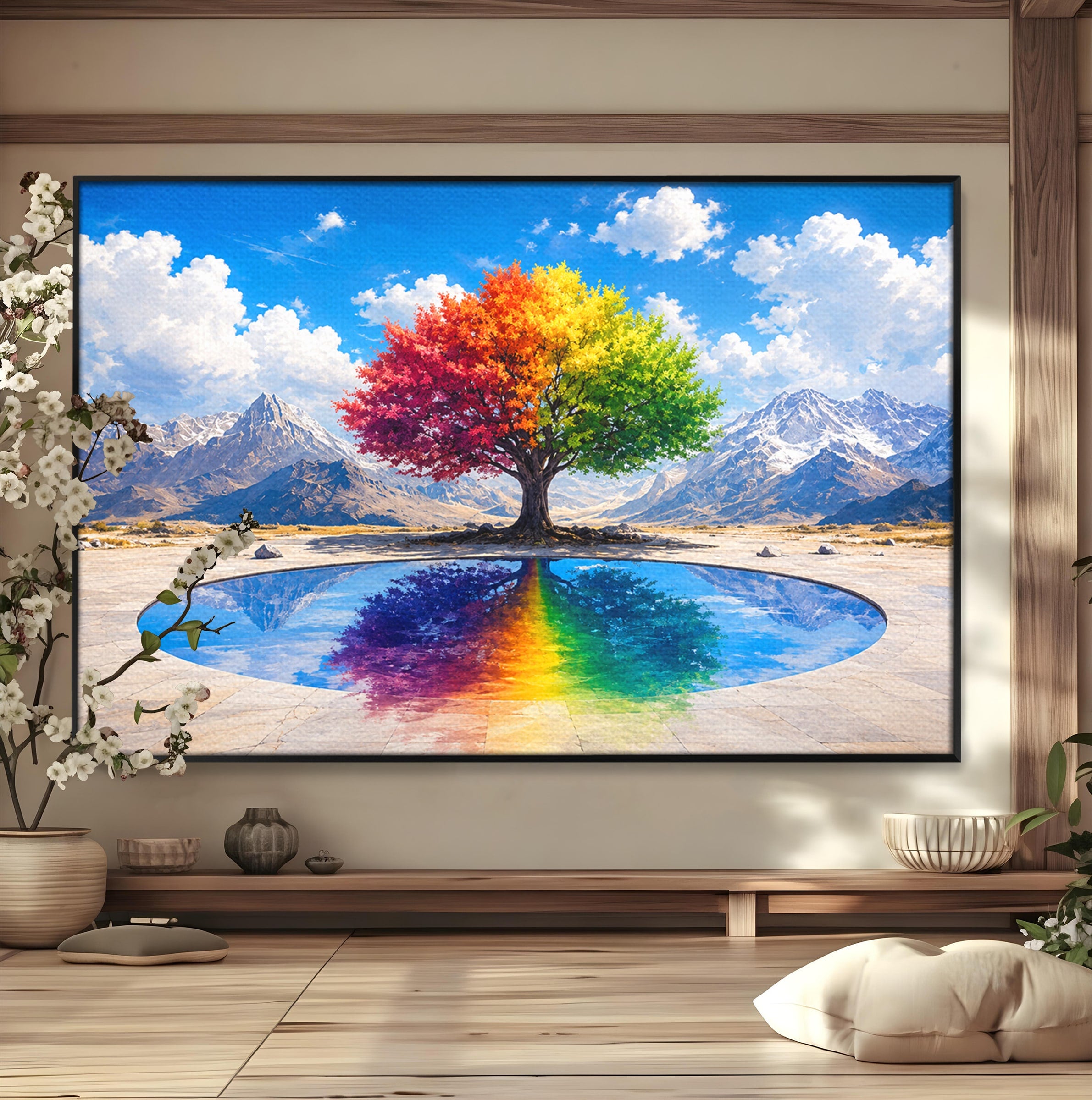 Tablou Canvas Premium LuxCanva® A1712, Copacul Curcubeu, Copac, Curcubeu, Munti, Reflexie, Living, Culori Vibrante