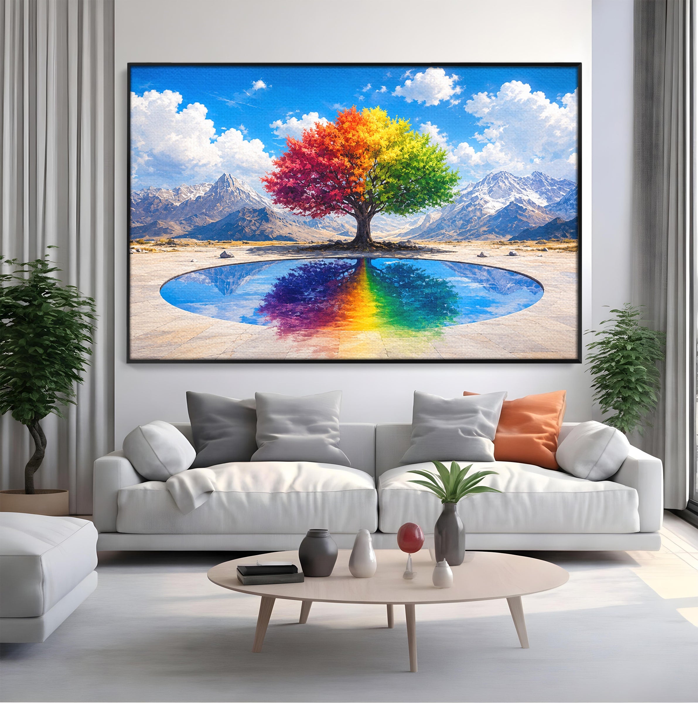 Tablou Canvas Premium LuxCanva® A1712, Copacul Curcubeu, Copac, Curcubeu, Munti, Reflexie, Living, Culori Vibrante