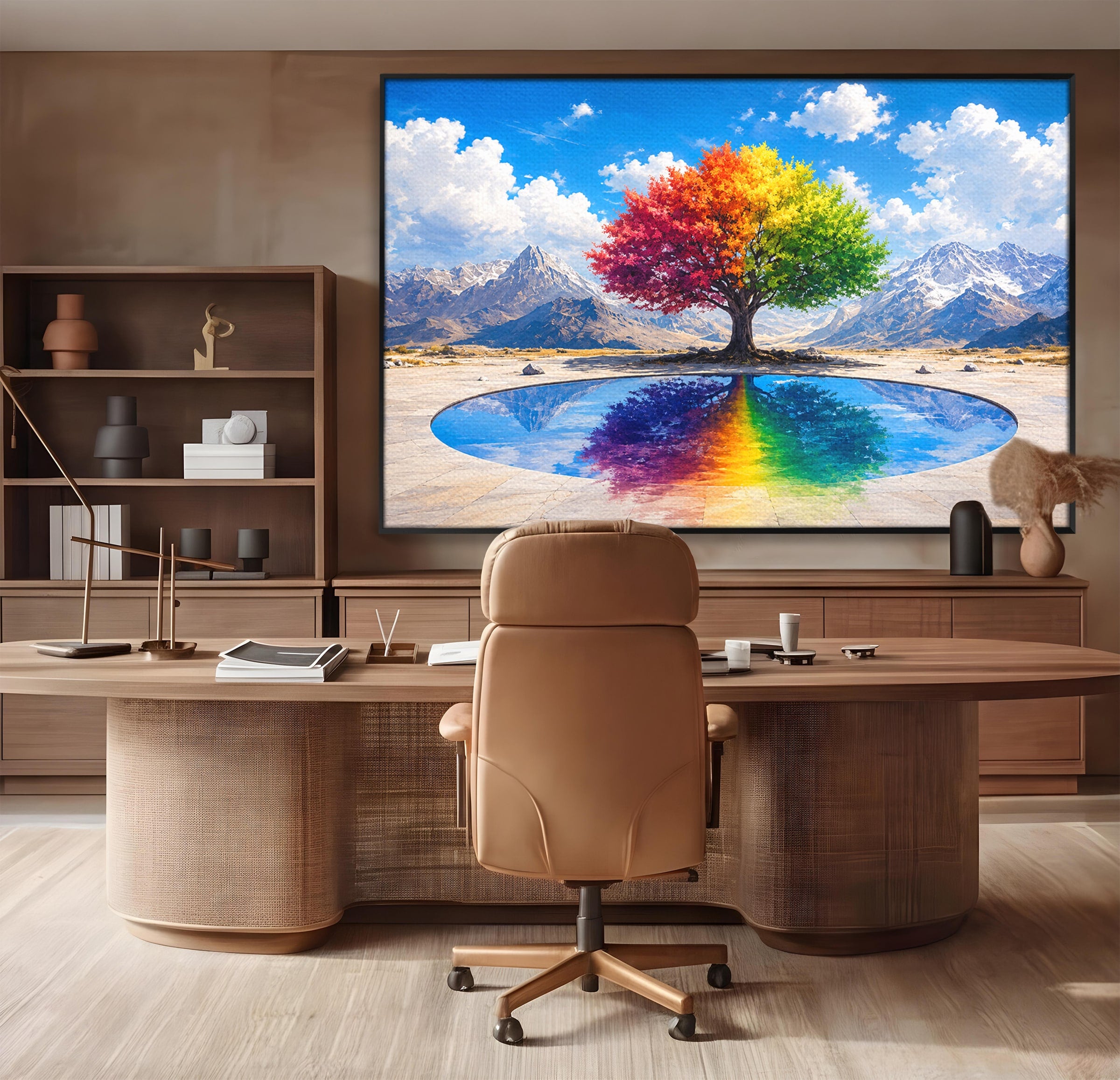 Tablou Canvas Premium LuxCanva® A1712, Copacul Curcubeu, Copac, Curcubeu, Munti, Reflexie, Living, Culori Vibrante