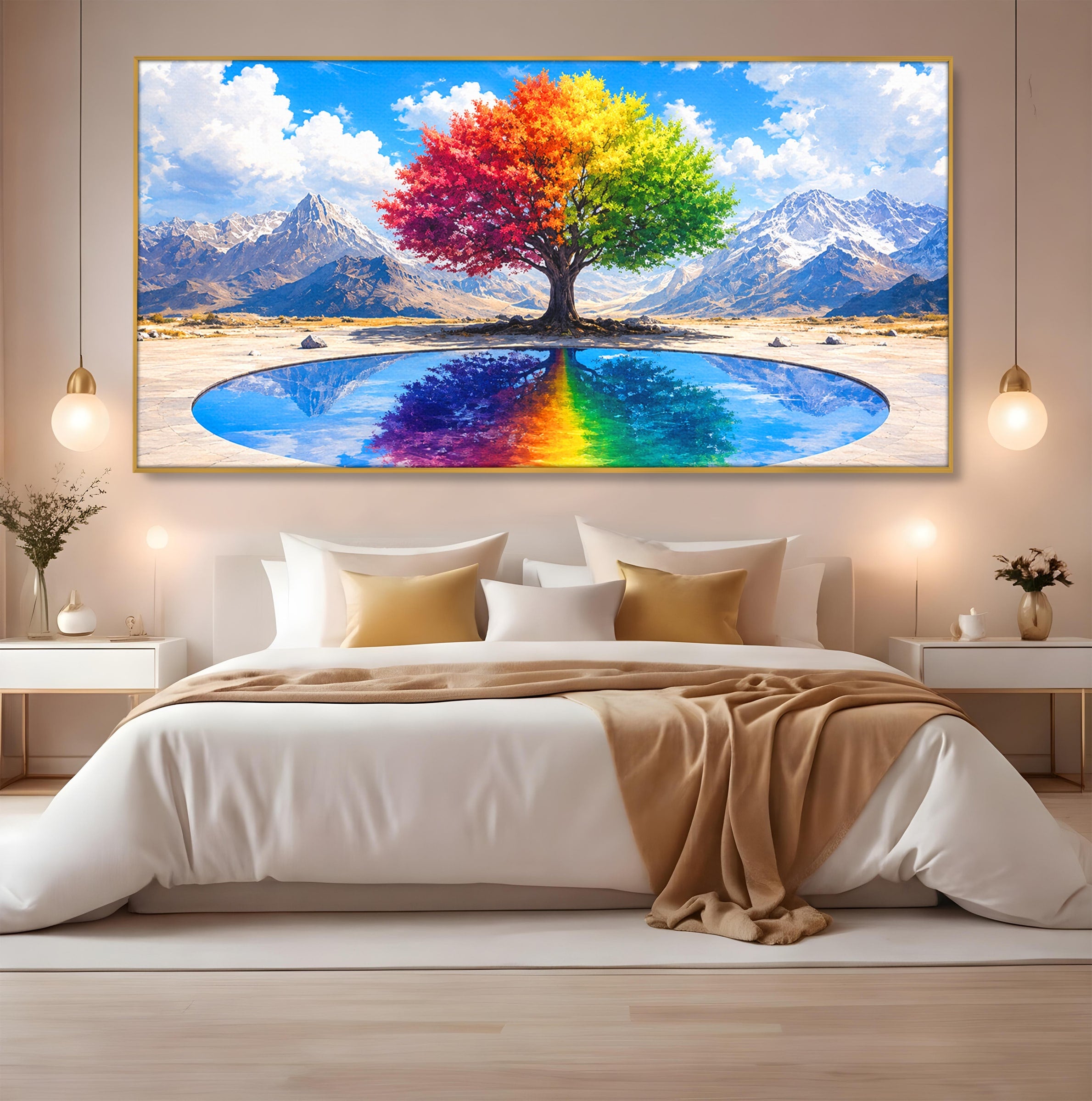 Tablou Canvas Premium LuxCanva® A1712, Copacul Curcubeu, Copac, Curcubeu, Munti, Reflexie, Living, Culori Vibrante