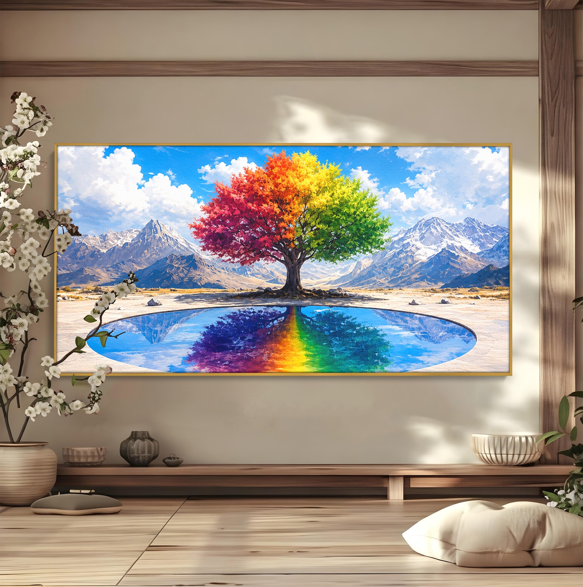 Tablou Canvas Premium LuxCanva® A1712, Copacul Curcubeu, Copac, Curcubeu, Munti, Reflexie, Living, Culori Vibrante