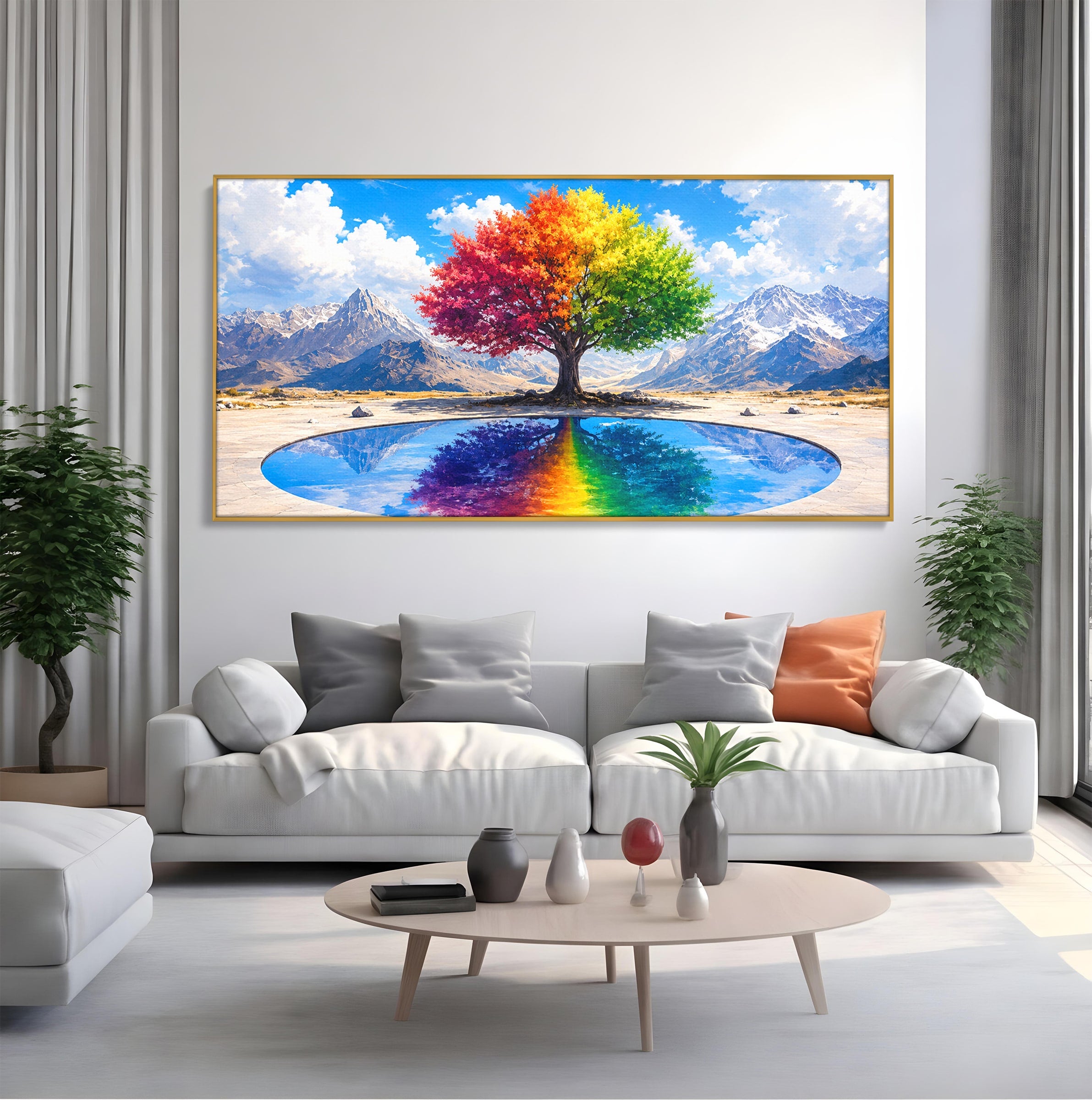 Tablou Canvas Premium LuxCanva® A1712, Copacul Curcubeu, Copac, Curcubeu, Munti, Reflexie, Living, Culori Vibrante