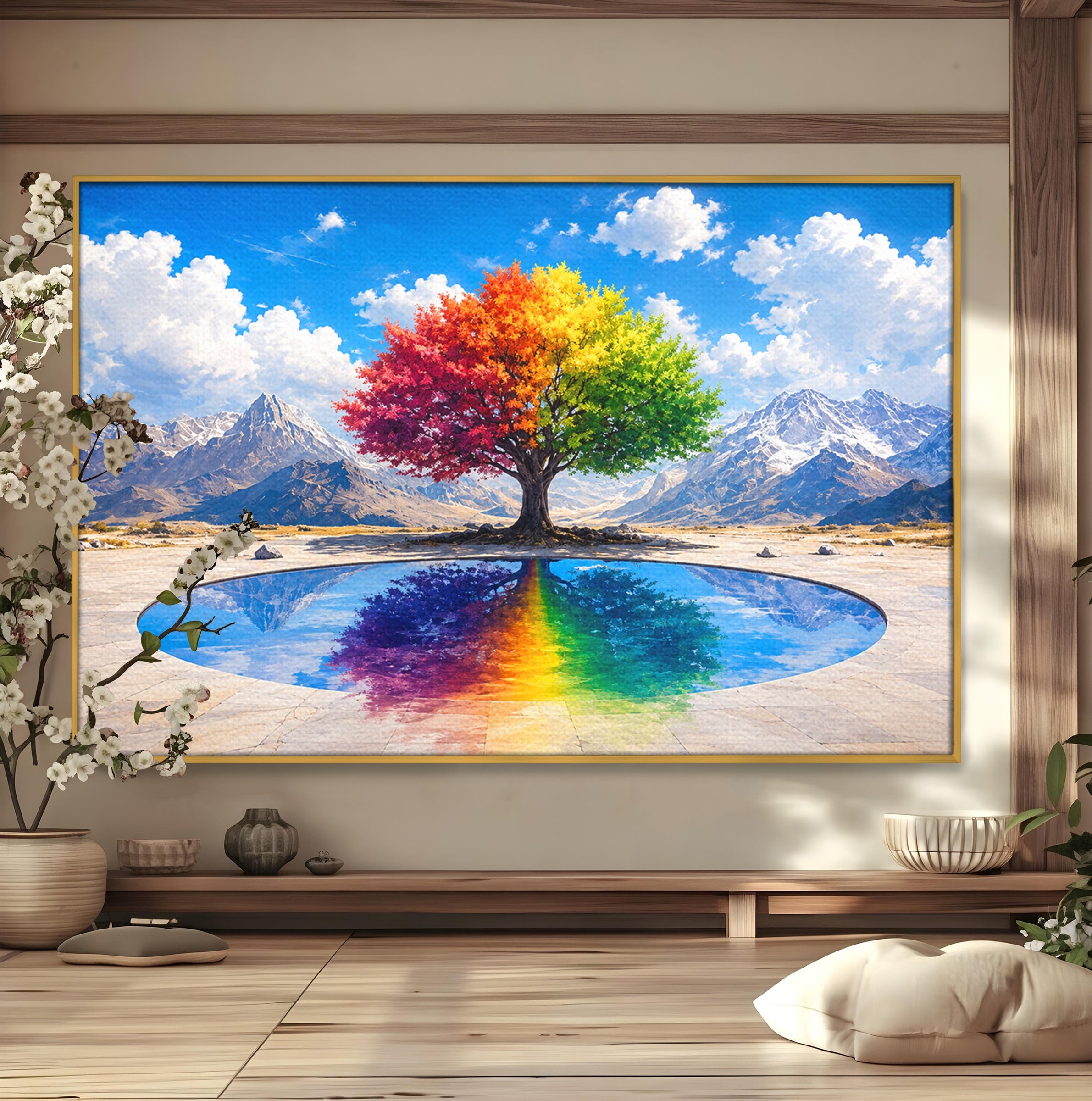 Tablou Canvas Premium LuxCanva® A1712, Copacul Curcubeu, Copac, Curcubeu, Munti, Reflexie, Living, Culori Vibrante