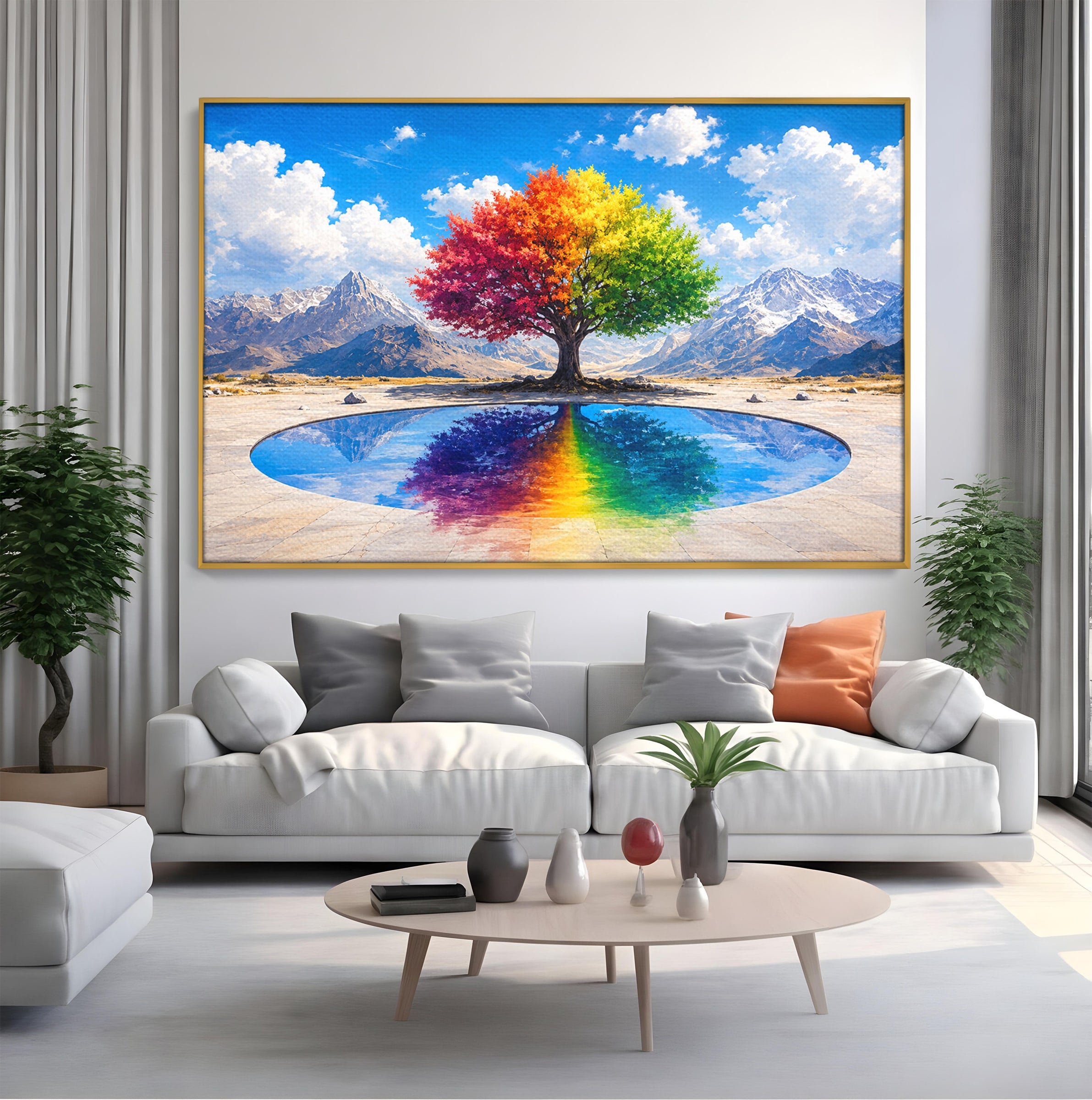 Tablou Canvas Premium LuxCanva® A1712, Copacul Curcubeu, Copac, Curcubeu, Munti, Reflexie, Living, Culori Vibrante