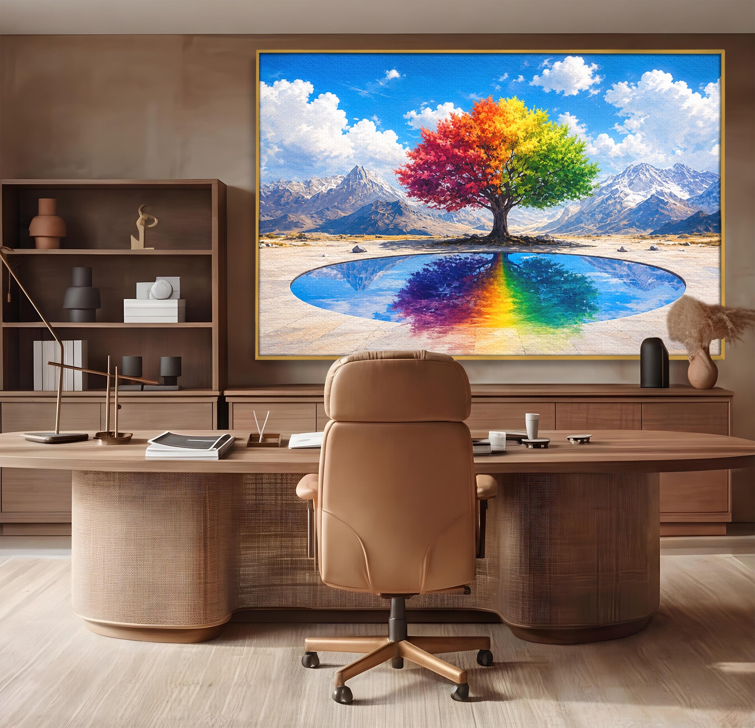 Tablou Canvas Premium LuxCanva® A1712, Copacul Curcubeu, Copac, Curcubeu, Munti, Reflexie, Living, Culori Vibrante