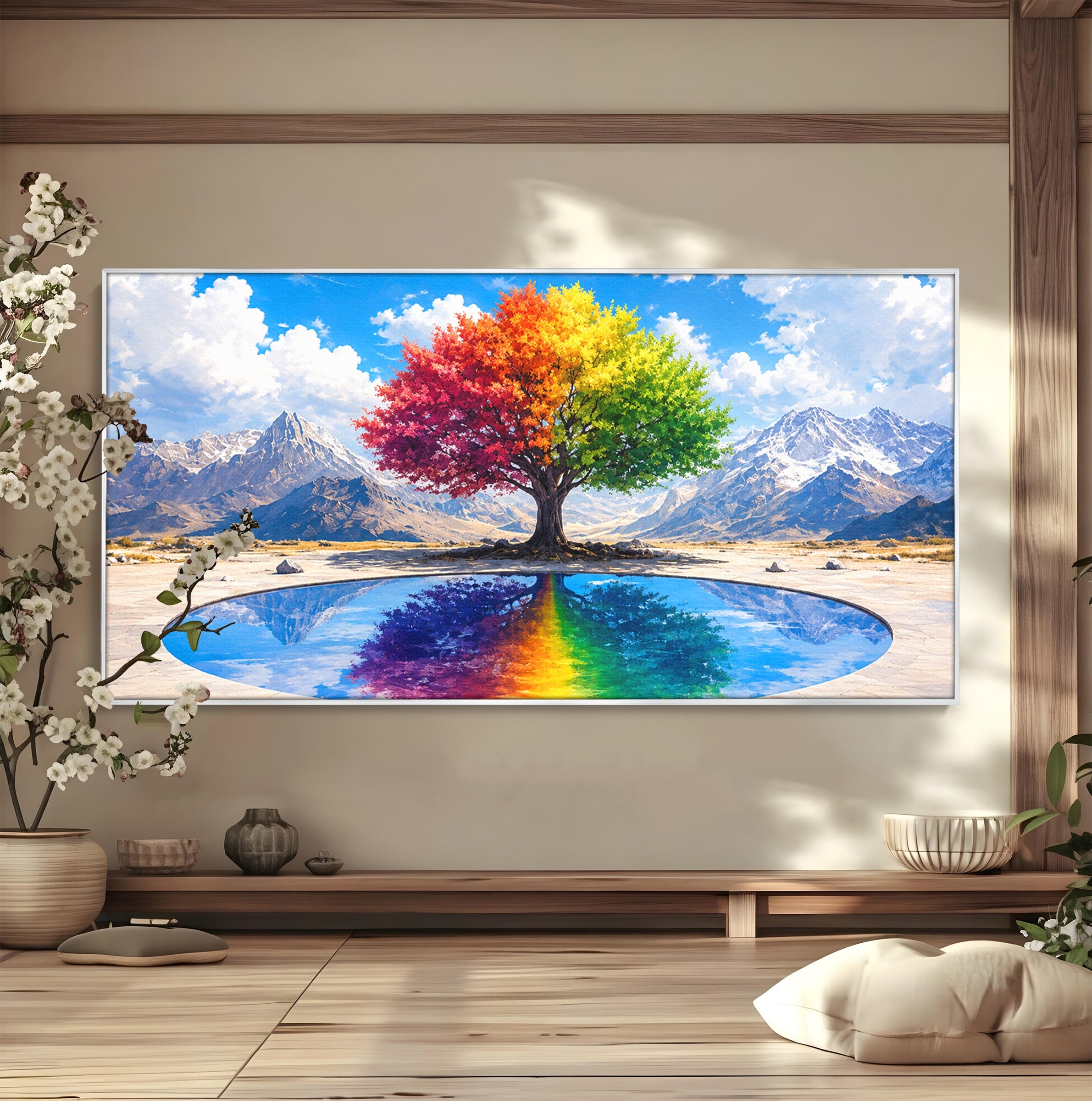 Tablou Canvas Premium LuxCanva® A1712, Copacul Curcubeu, Copac, Curcubeu, Munti, Reflexie, Living, Culori Vibrante
