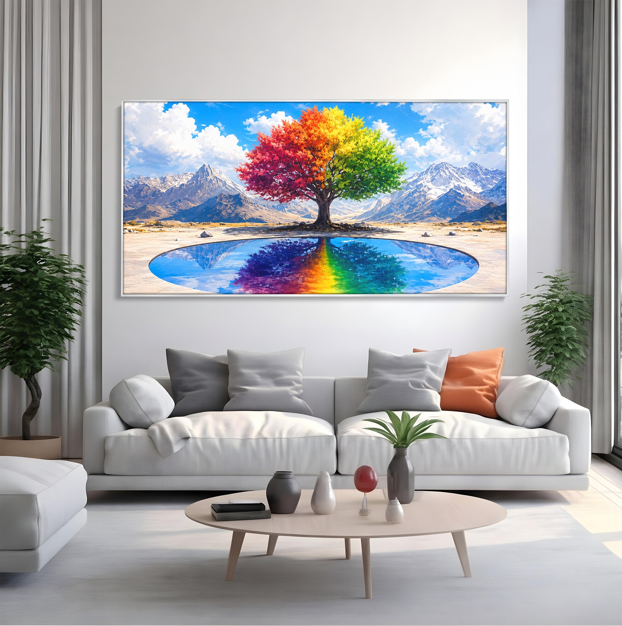 Tablou Canvas Premium LuxCanva® A1712, Copacul Curcubeu, Copac, Curcubeu, Munti, Reflexie, Living, Culori Vibrante