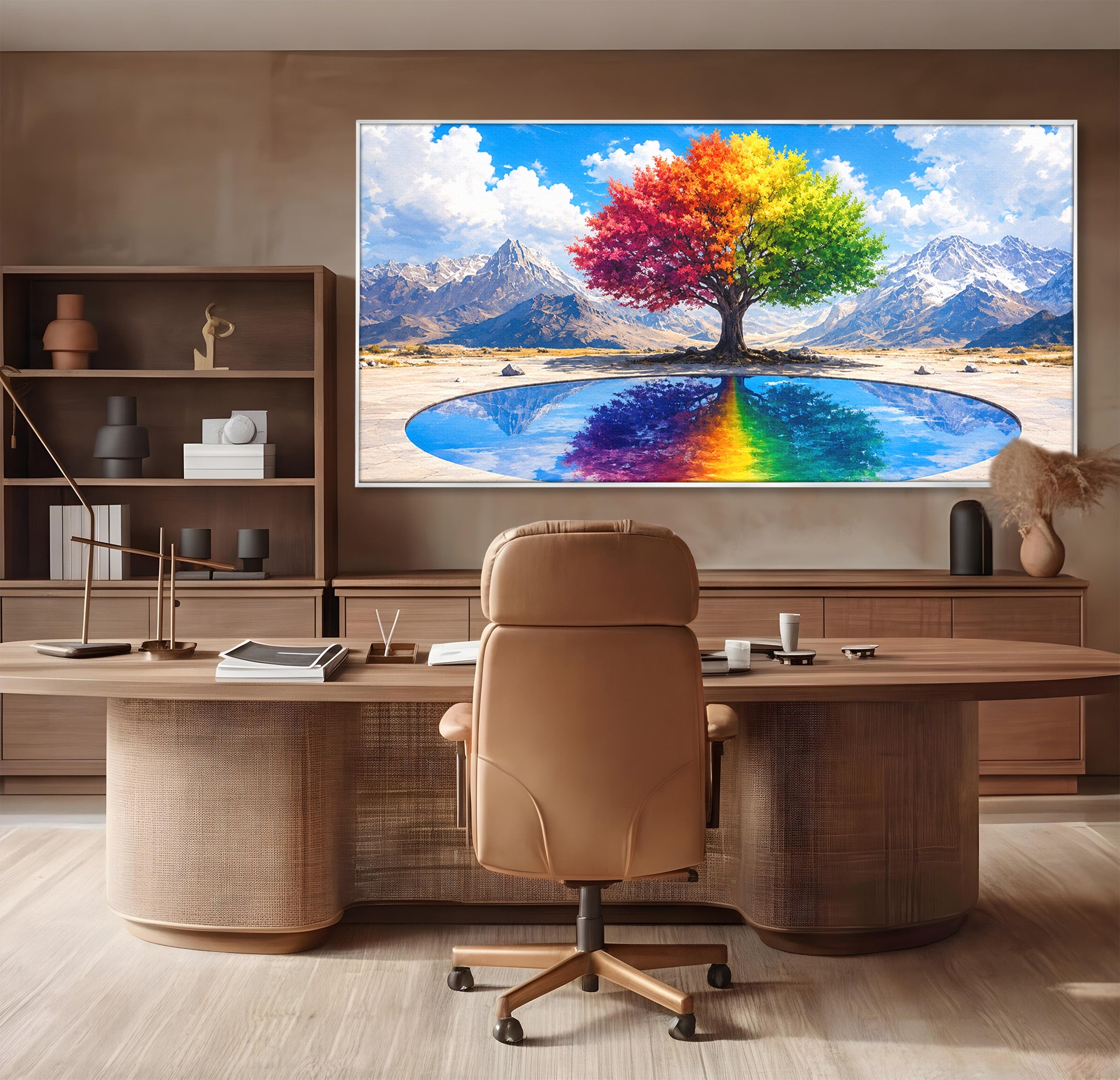 Tablou Canvas Premium LuxCanva® A1712, Copacul Curcubeu, Copac, Curcubeu, Munti, Reflexie, Living, Culori Vibrante