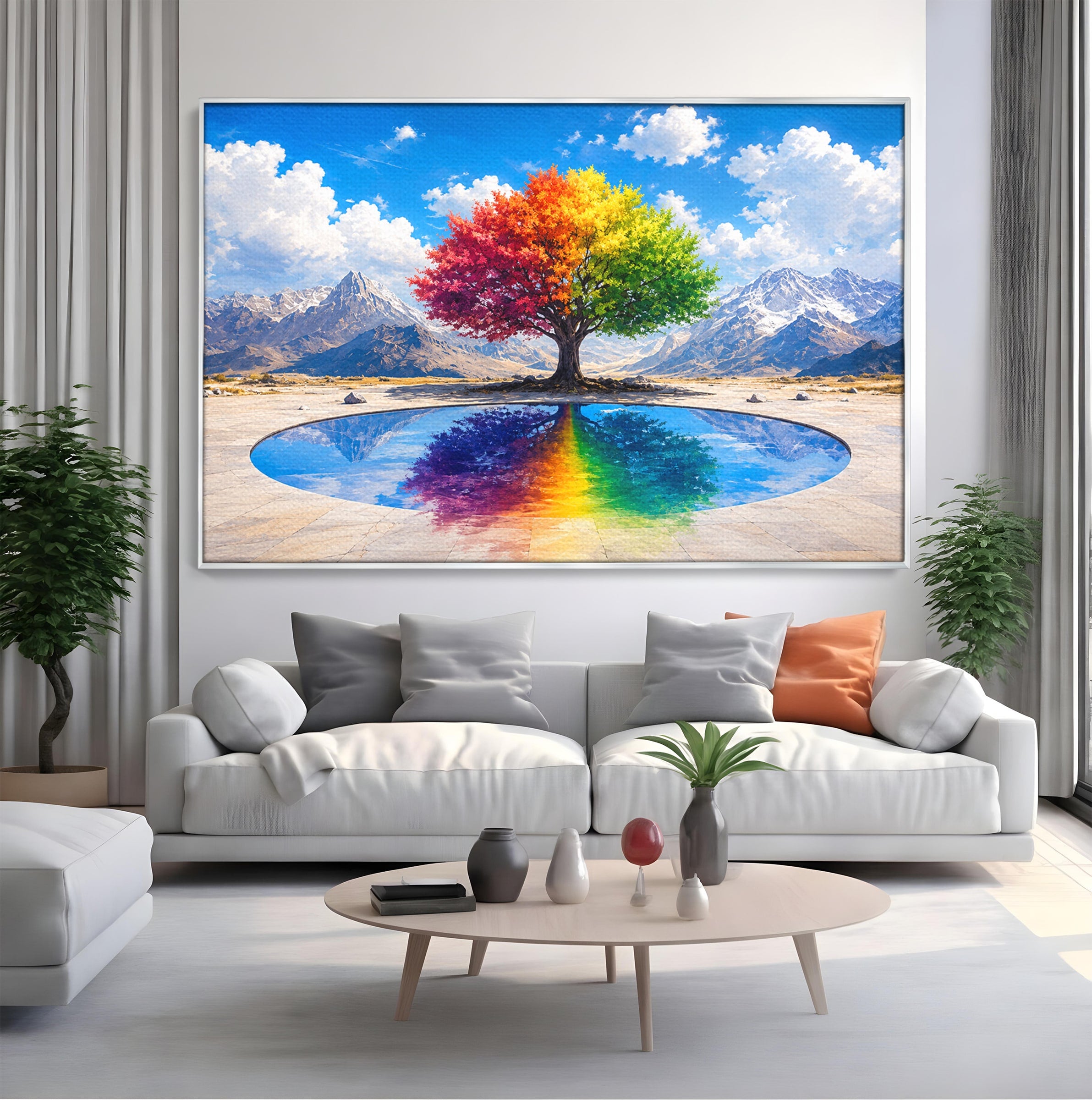 Tablou Canvas Premium LuxCanva® A1712, Copacul Curcubeu, Copac, Curcubeu, Munti, Reflexie, Living, Culori Vibrante
