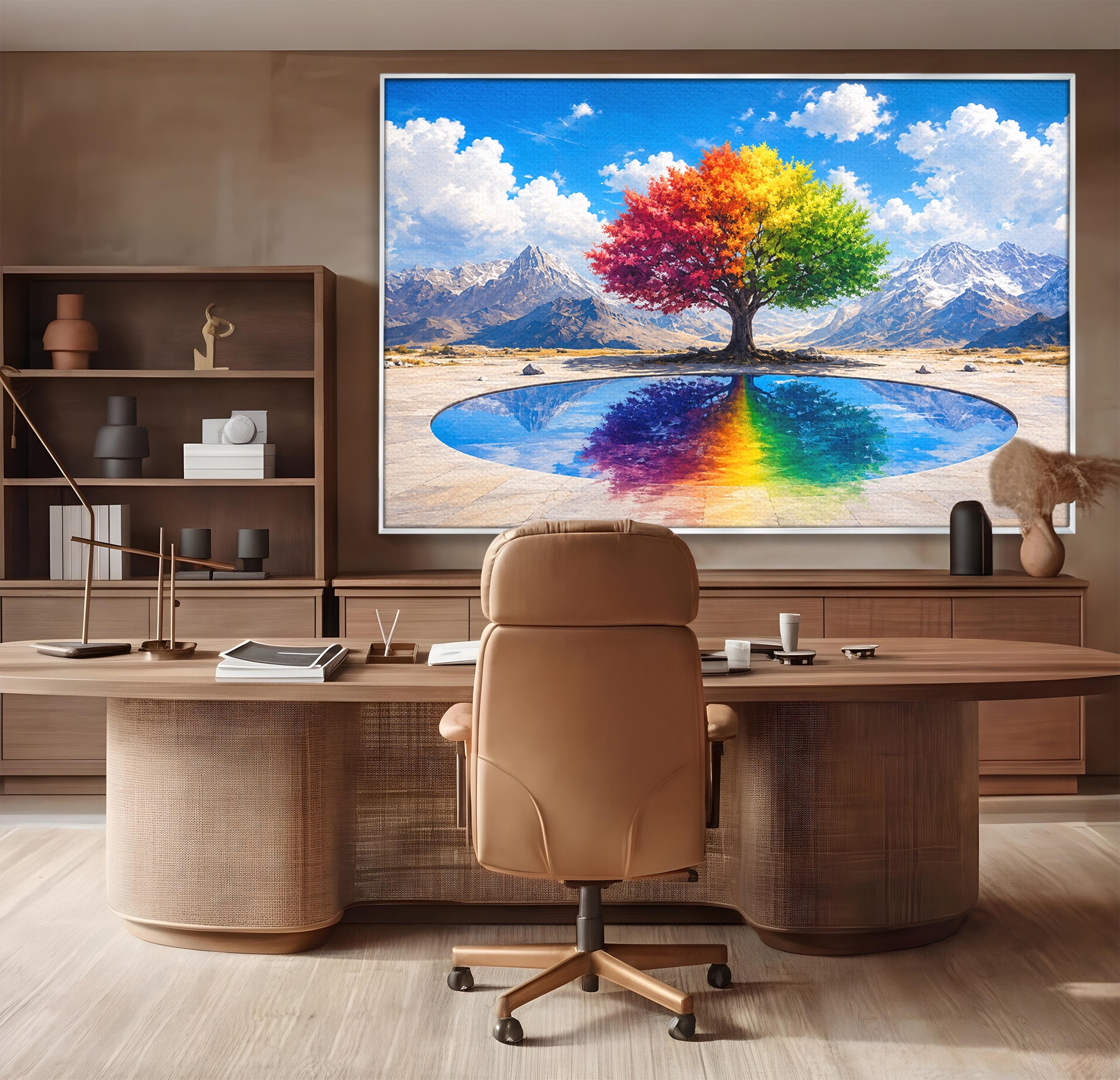 Tablou Canvas Premium LuxCanva® A1712, Copacul Curcubeu, Copac, Curcubeu, Munti, Reflexie, Living, Culori Vibrante