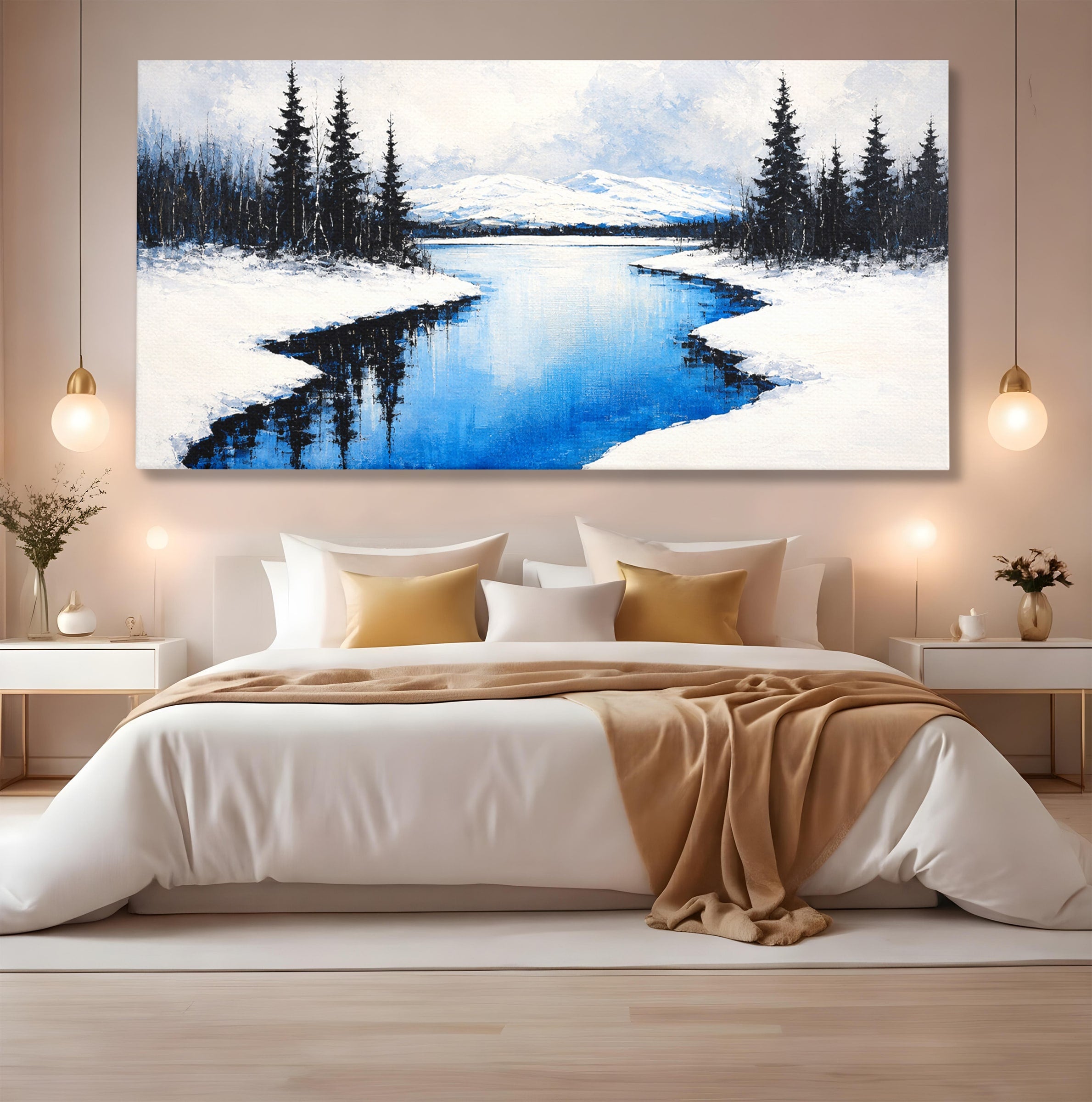 Tablou Canvas Premium LuxCanva® A1713, Peisaj De Iarna Cu Rau, Peisaj, Iarna, Rau, Munti, Living, Culori Vibrante