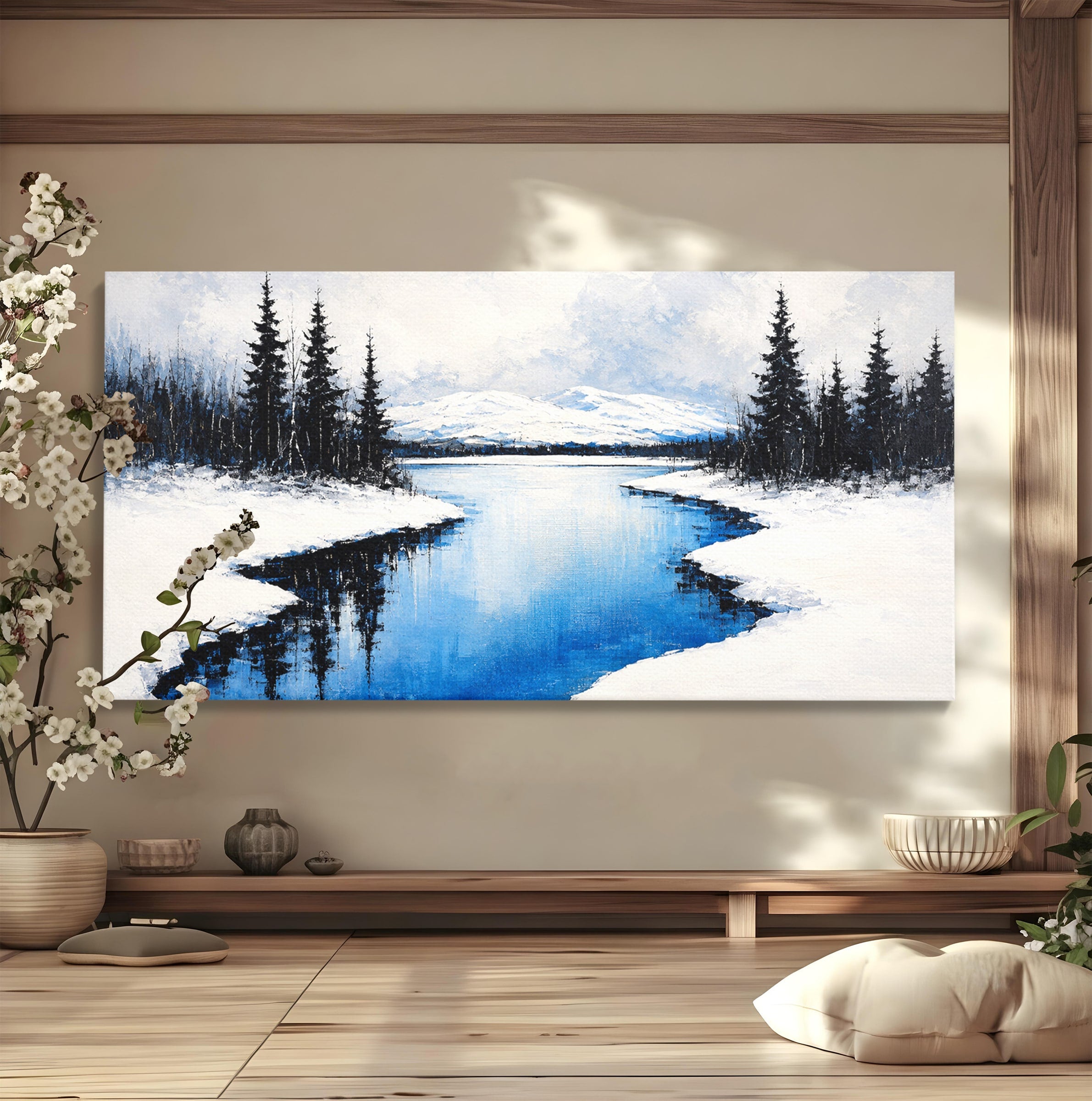 Tablou Canvas Premium LuxCanva® A1713, Peisaj De Iarna Cu Rau, Peisaj, Iarna, Rau, Munti, Living, Culori Vibrante