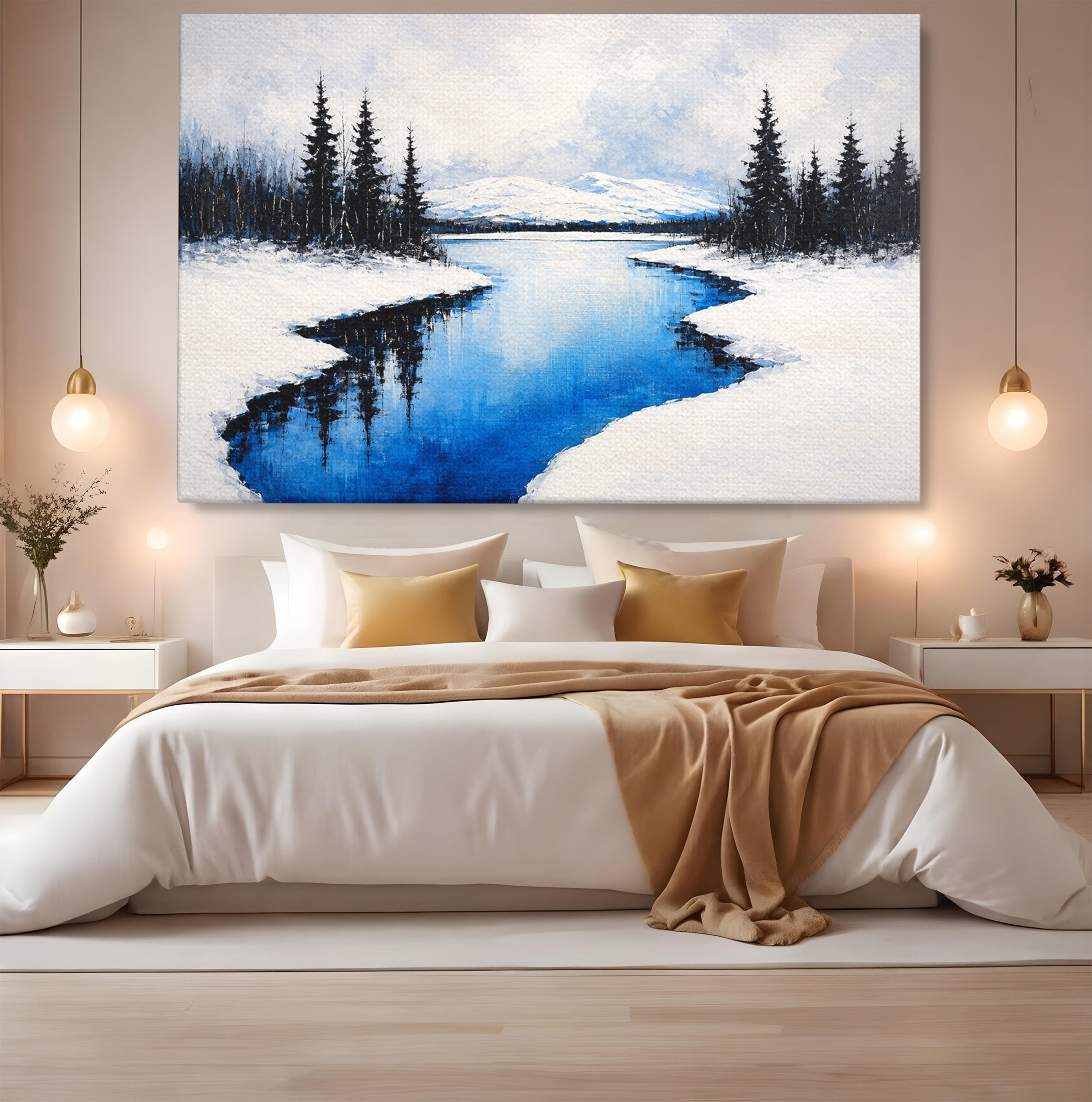 Tablou Canvas Premium LuxCanva® A1713, Peisaj De Iarna Cu Rau, Peisaj, Iarna, Rau, Munti, Living, Culori Vibrante