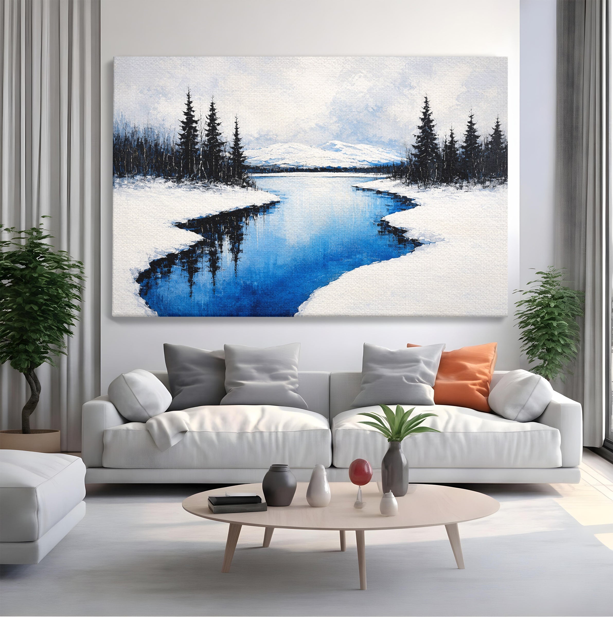 Tablou Canvas Premium LuxCanva® A1713, Peisaj De Iarna Cu Rau, Peisaj, Iarna, Rau, Munti, Living, Culori Vibrante