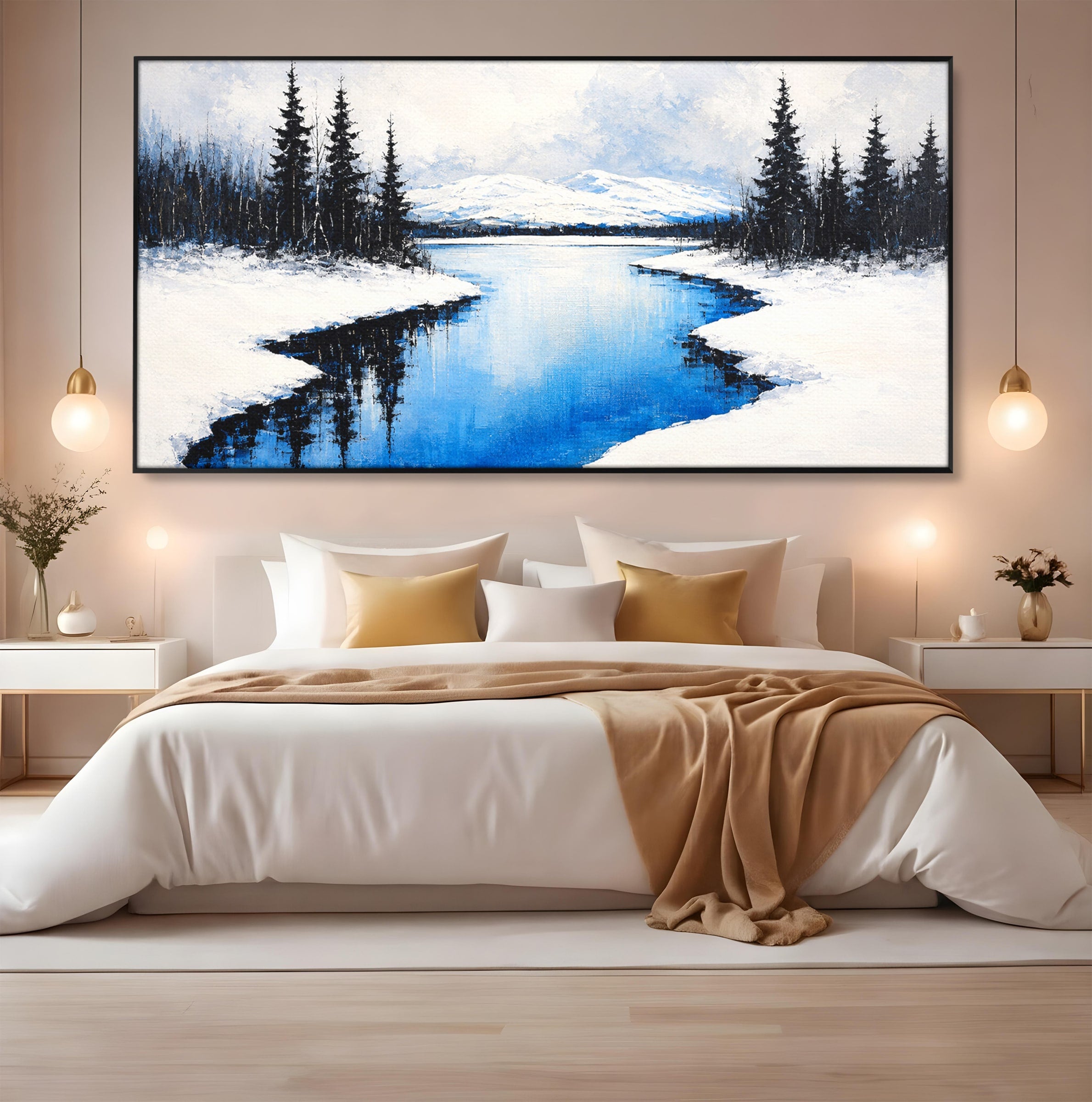 Tablou Canvas Premium LuxCanva® A1713, Peisaj De Iarna Cu Rau, Peisaj, Iarna, Rau, Munti, Living, Culori Vibrante
