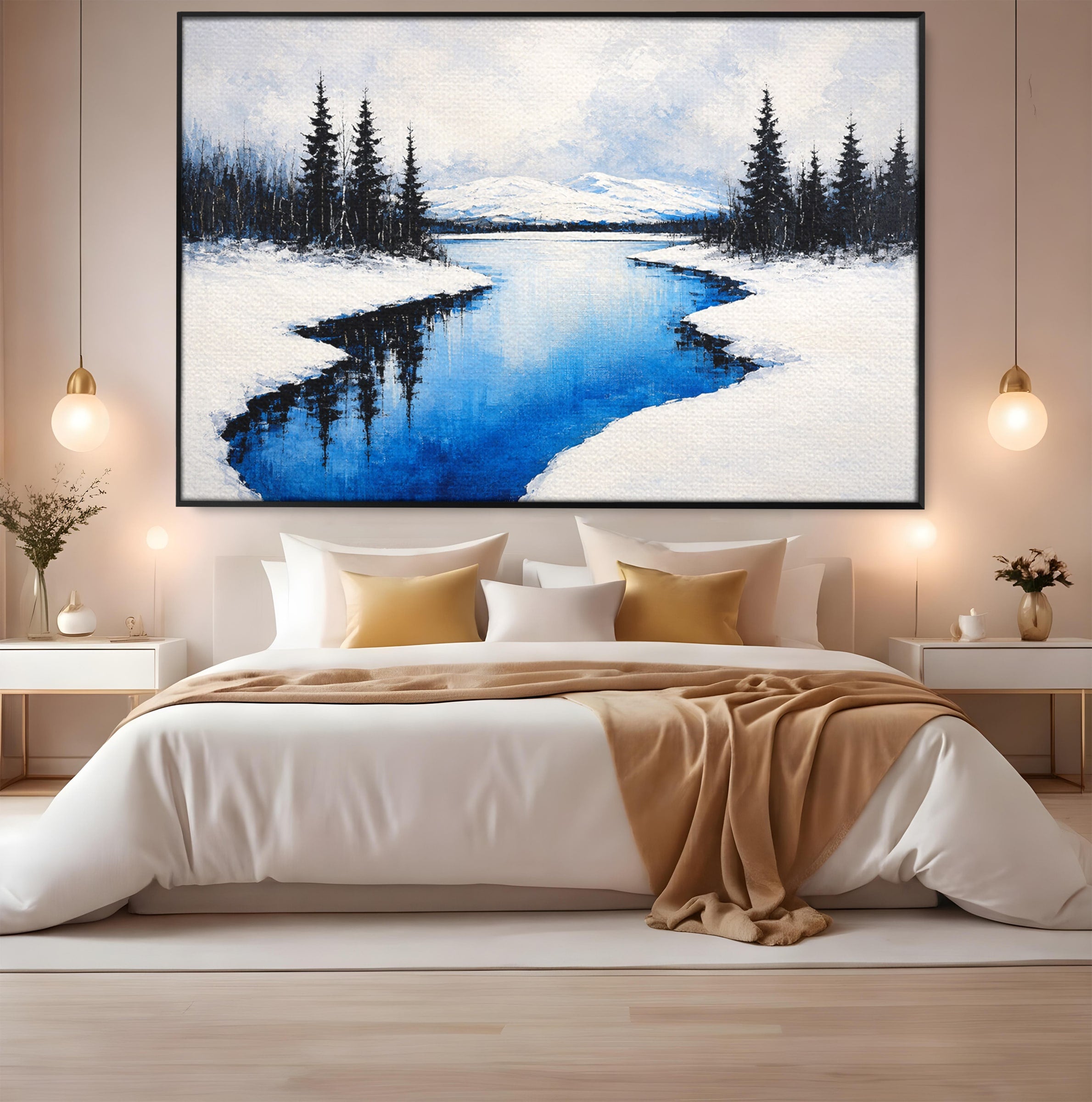 Tablou Canvas Premium LuxCanva® A1713, Peisaj De Iarna Cu Rau, Peisaj, Iarna, Rau, Munti, Living, Culori Vibrante