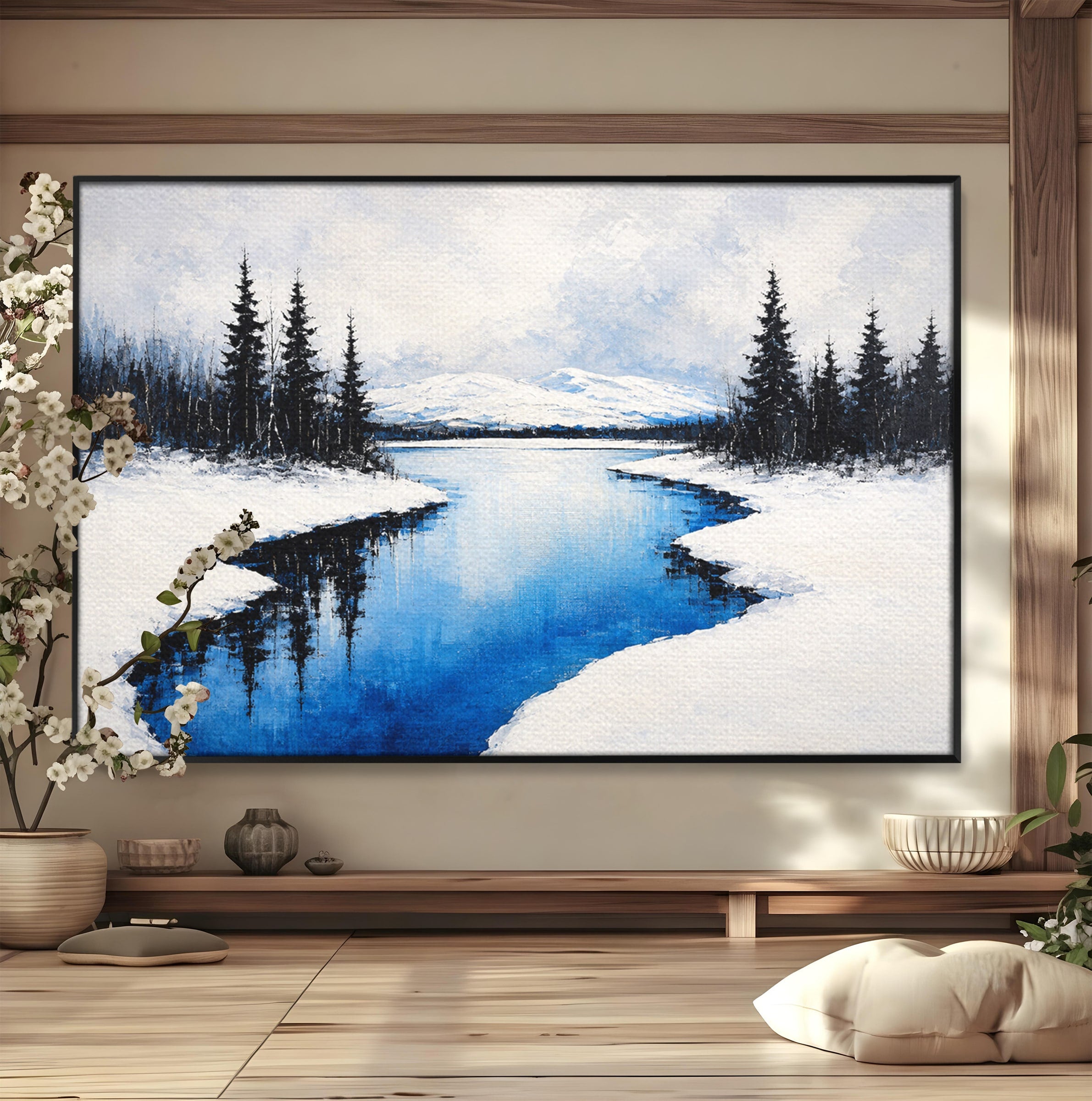 Tablou Canvas Premium LuxCanva® A1713, Peisaj De Iarna Cu Rau, Peisaj, Iarna, Rau, Munti, Living, Culori Vibrante