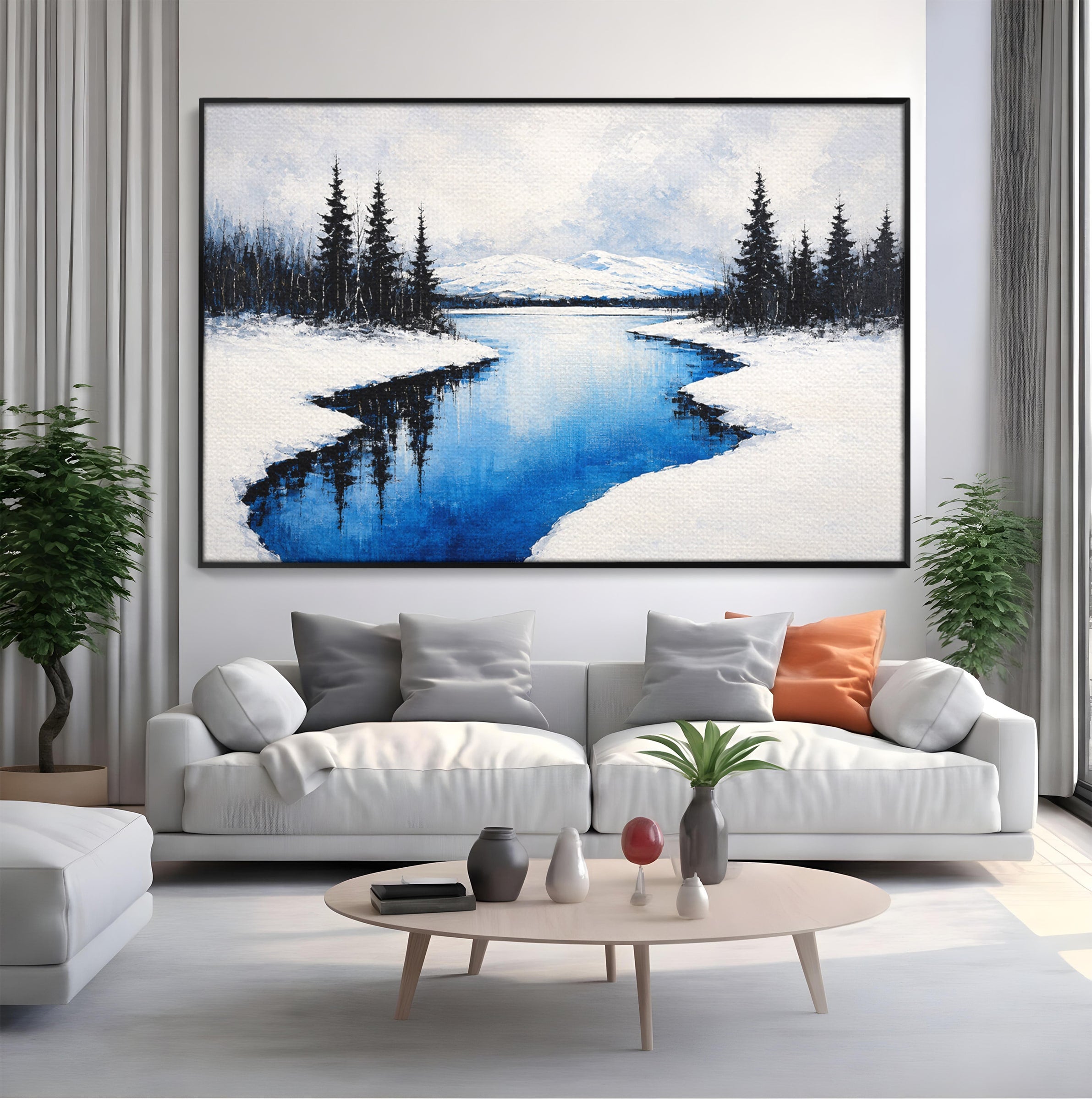Tablou Canvas Premium LuxCanva® A1713, Peisaj De Iarna Cu Rau, Peisaj, Iarna, Rau, Munti, Living, Culori Vibrante
