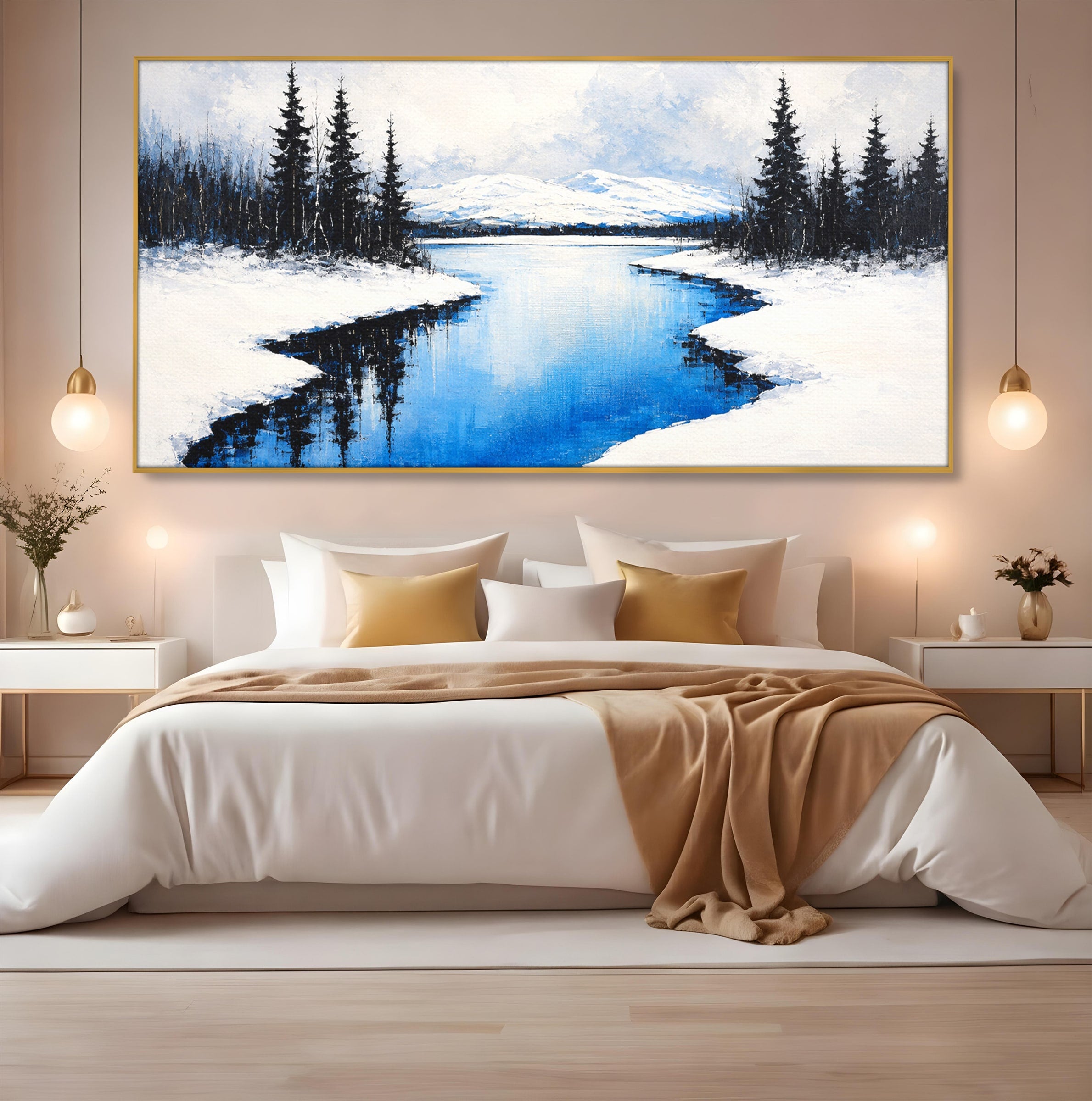 Tablou Canvas Premium LuxCanva® A1713, Peisaj De Iarna Cu Rau, Peisaj, Iarna, Rau, Munti, Living, Culori Vibrante